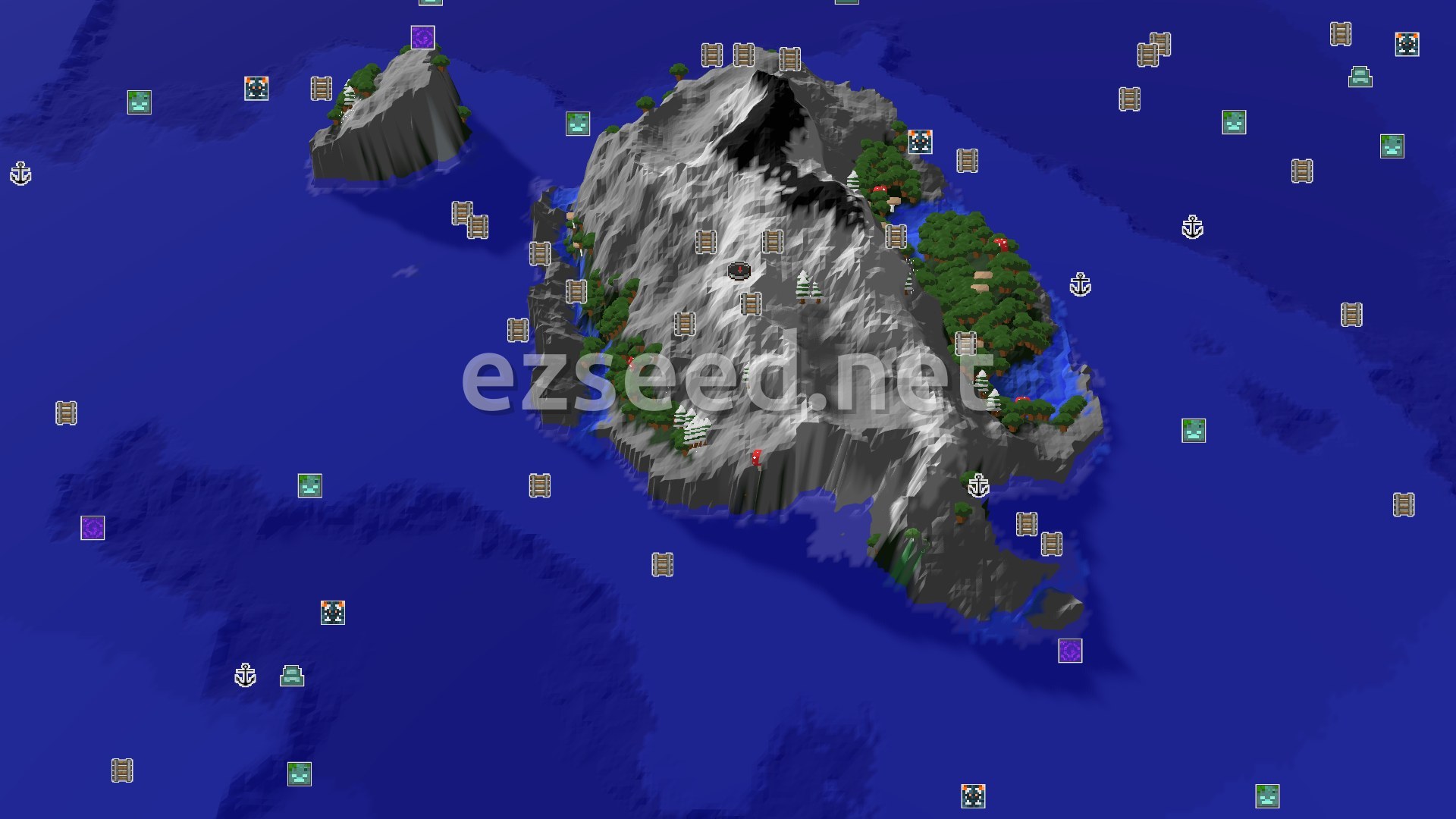 Aerial Minecraft seed map — Spawn on Jagged Peaks with a nearby Mineshaft