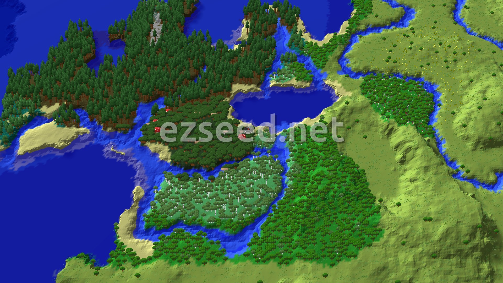 Aerial Minecraft seed map — Dark Forest Spawn with Close Structures