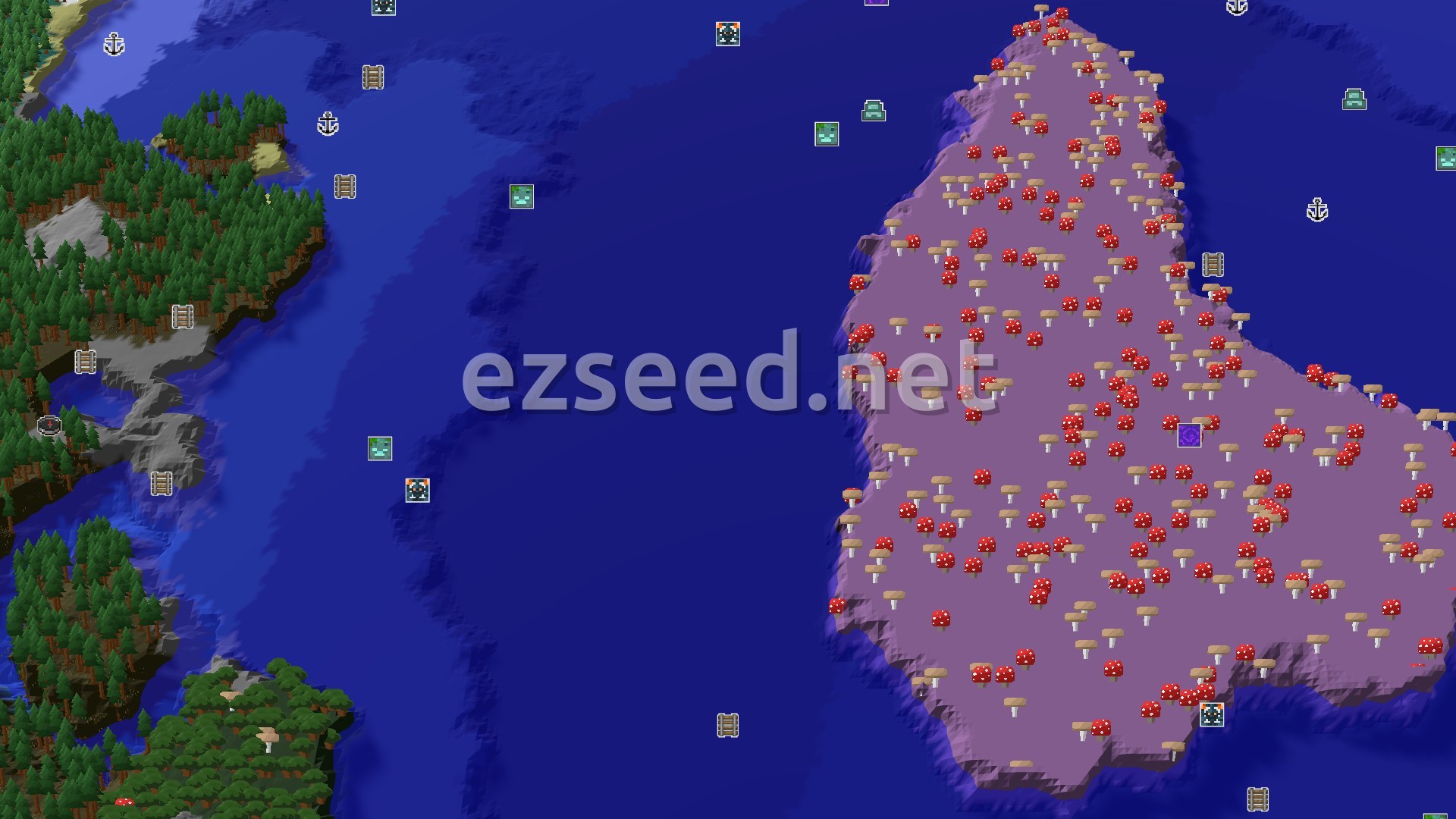 An aerial view showing a dense pine forest on the left, a large expanse of dark blue ocean in the middle, and a massive purple island covered in red and brown mushrooms on the right.