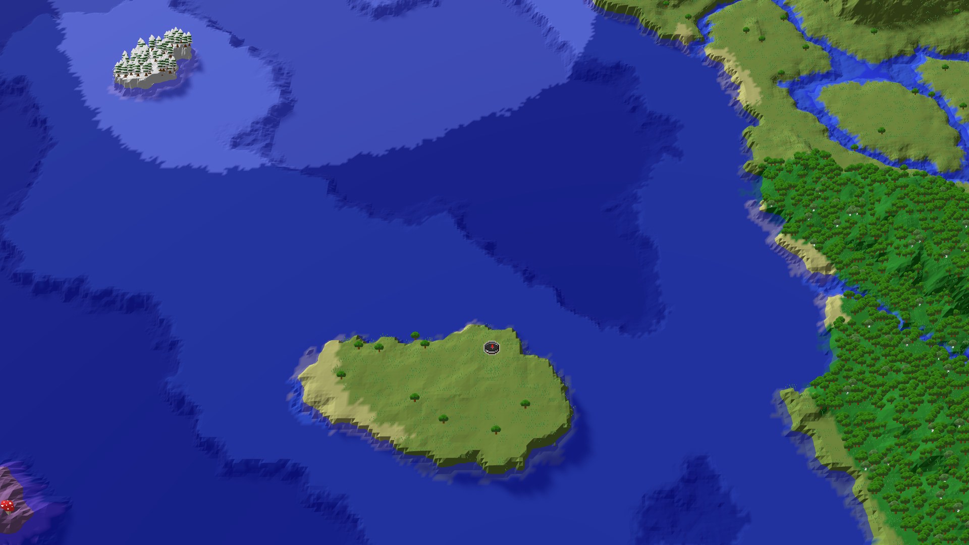 An aerial view of a small, mostly flat grass island with a few trees, surrounded by dark blue ocean. In the distance, a larger landmass with forests and rivers is visible to the east, and a snowy island to the north. A red spawn marker is on the main island.