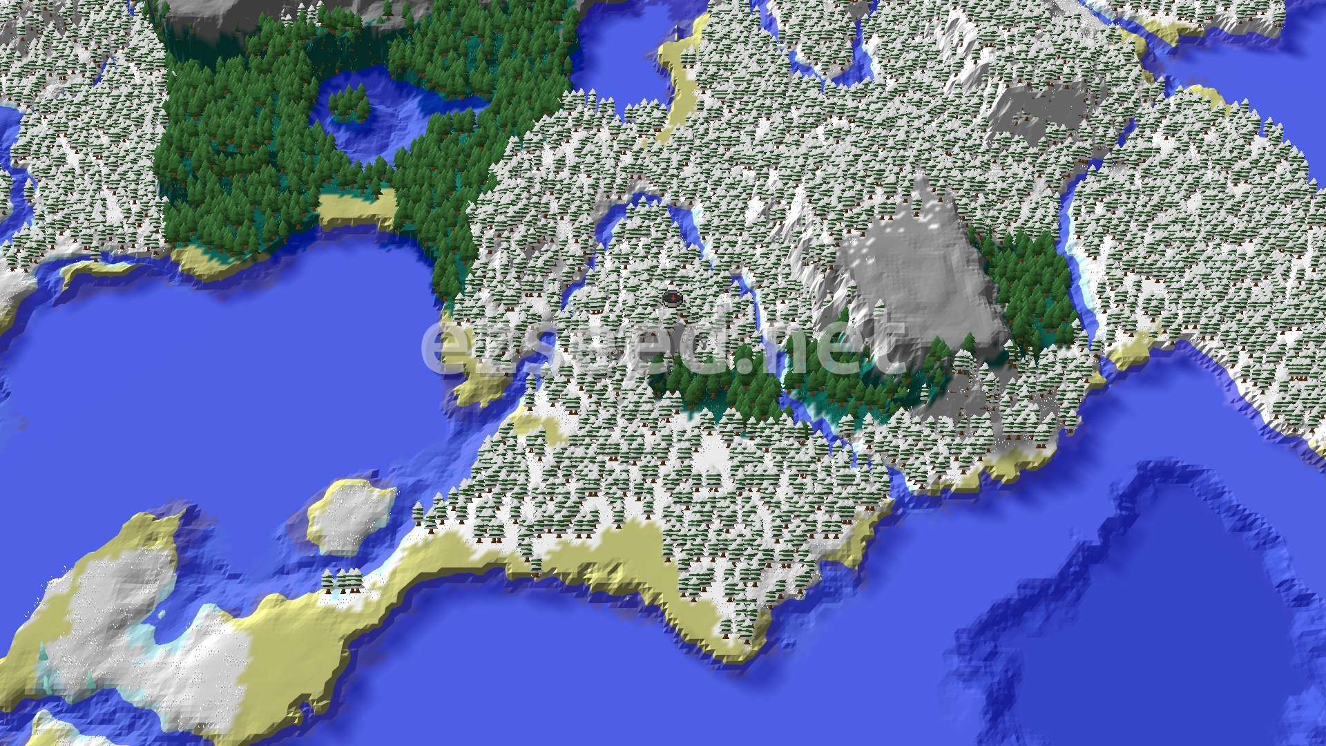 An aerial view of a snowy forest landscape with a small lake and patches of clear taiga, surrounded by water and some grey mountains in the distance.