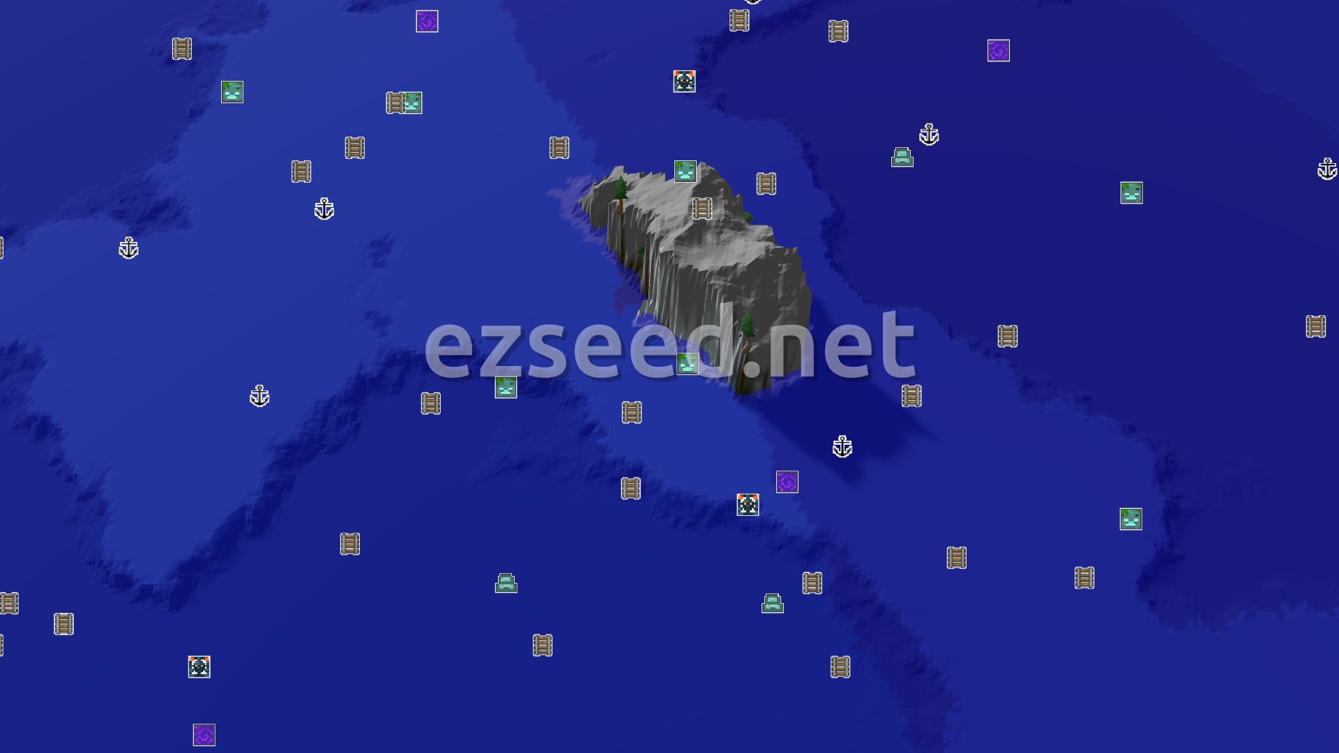 Aerial Minecraft seed map — Ocean Monument and Trial Chambers Near Spawn