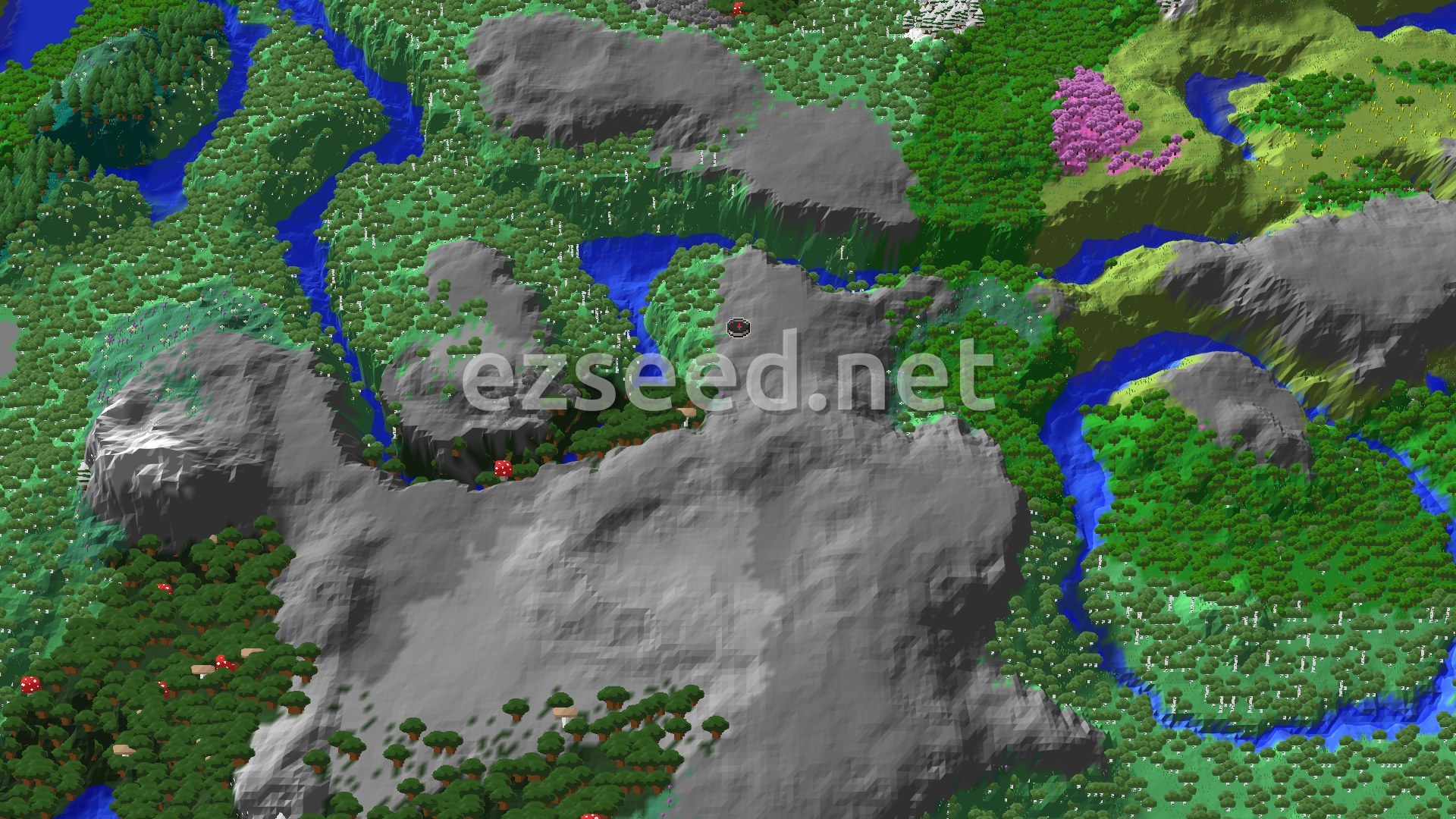 Aerial Minecraft seed map — Ancient City Near Spawn in a Varied Forest World