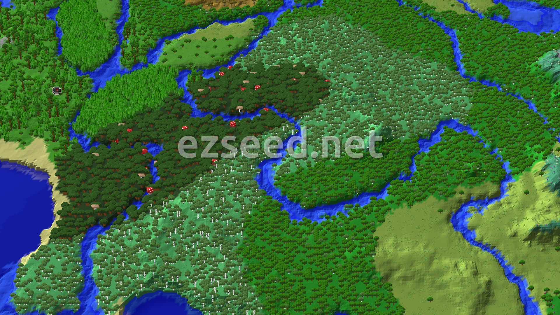 Aerial Minecraft seed map — Jungle Spawn with Nearby Bamboo and Trial Chambers