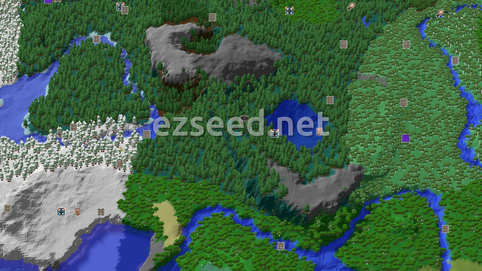 Aerial Minecraft seed map — Spawn in Taiga, Find Trail Ruins Early On