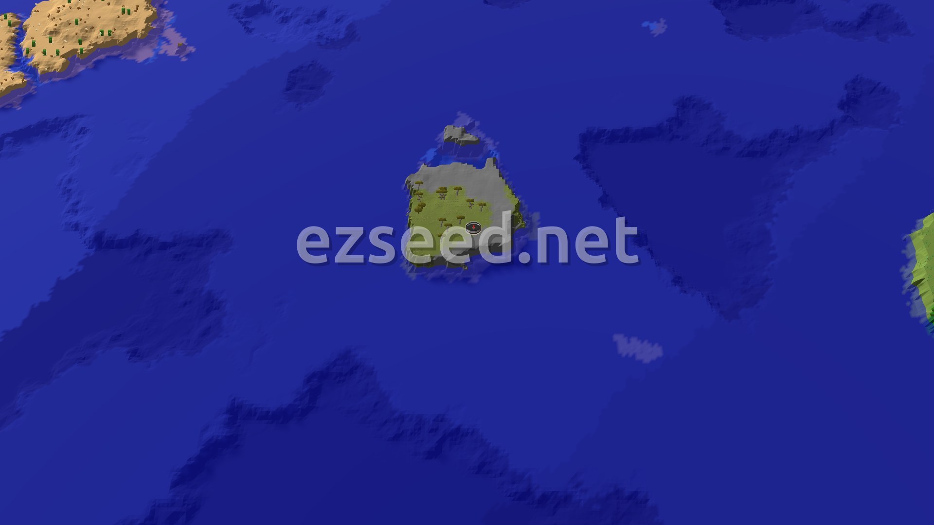 Aerial Minecraft seed map — Spawn on a Lonely Stony Island, Village Nearby