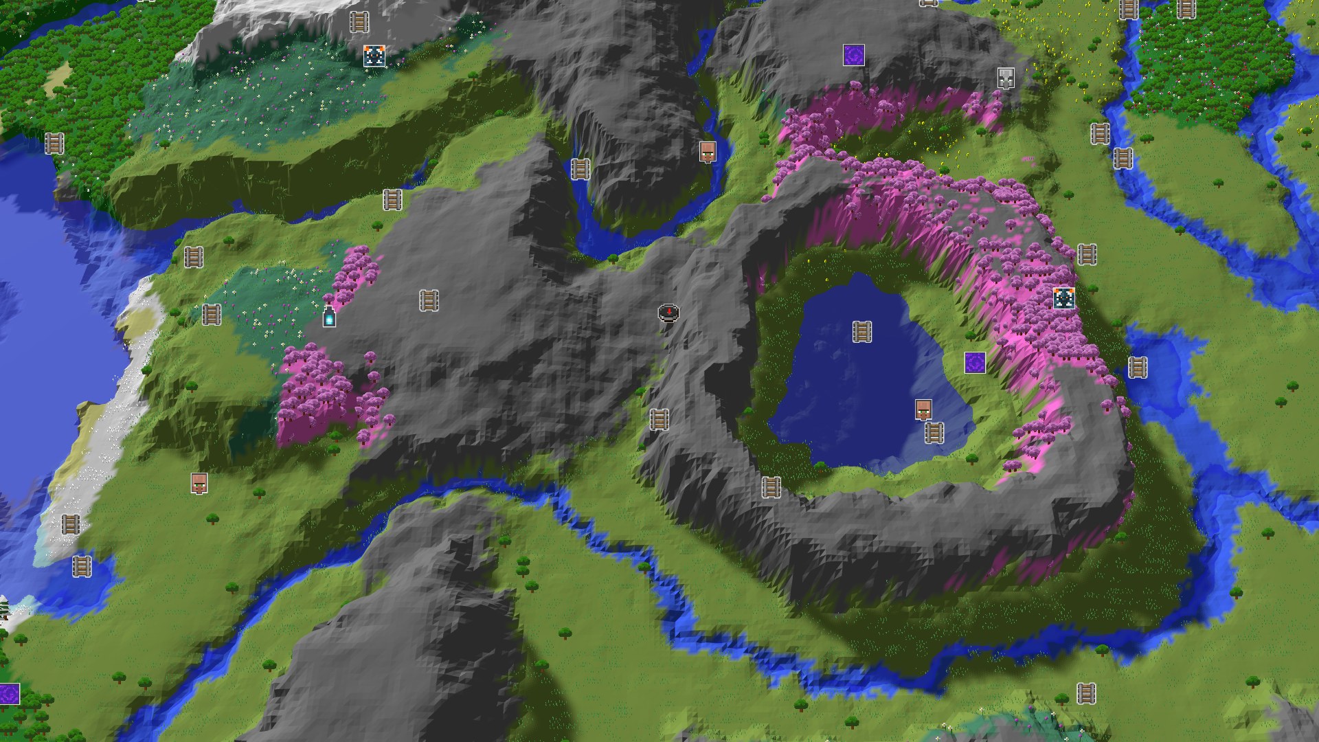 A bird's eye view of a varied Minecraft landscape featuring green plains, grey mountains, and vibrant pink cherry trees, with a blue lake and winding rivers.