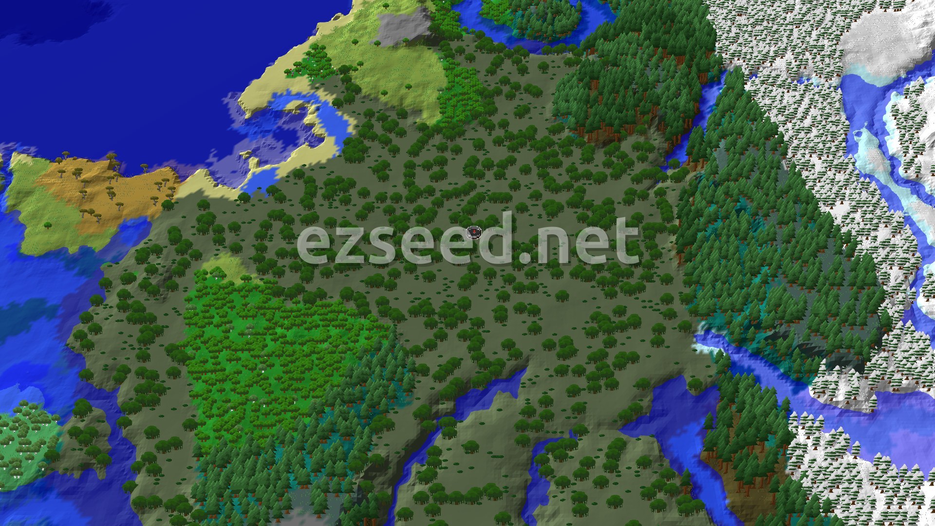 Aerial Minecraft seed map — Swamp Start with Nearby Mineshaft and Distant Ancient City