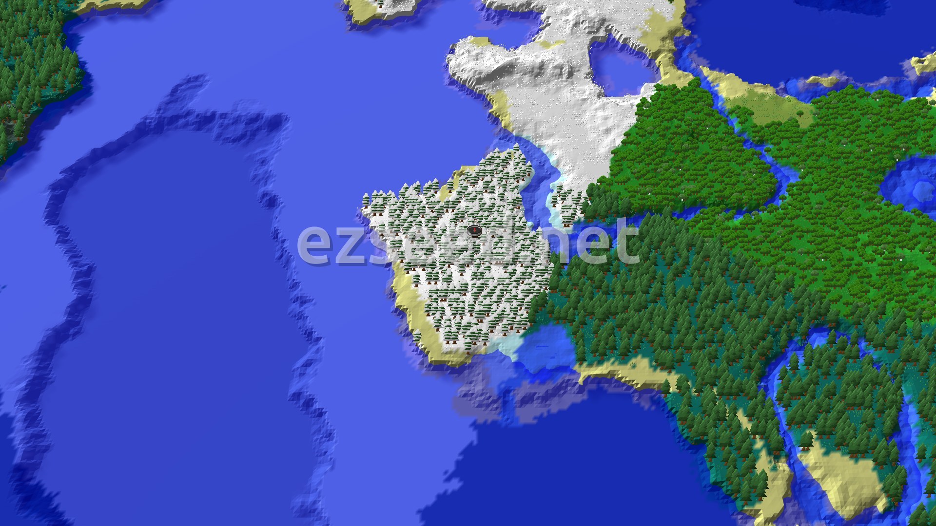 An aerial view of a snowy taiga island with scattered spruce trees, surrounded by blue ocean and a forested mainland to the east.