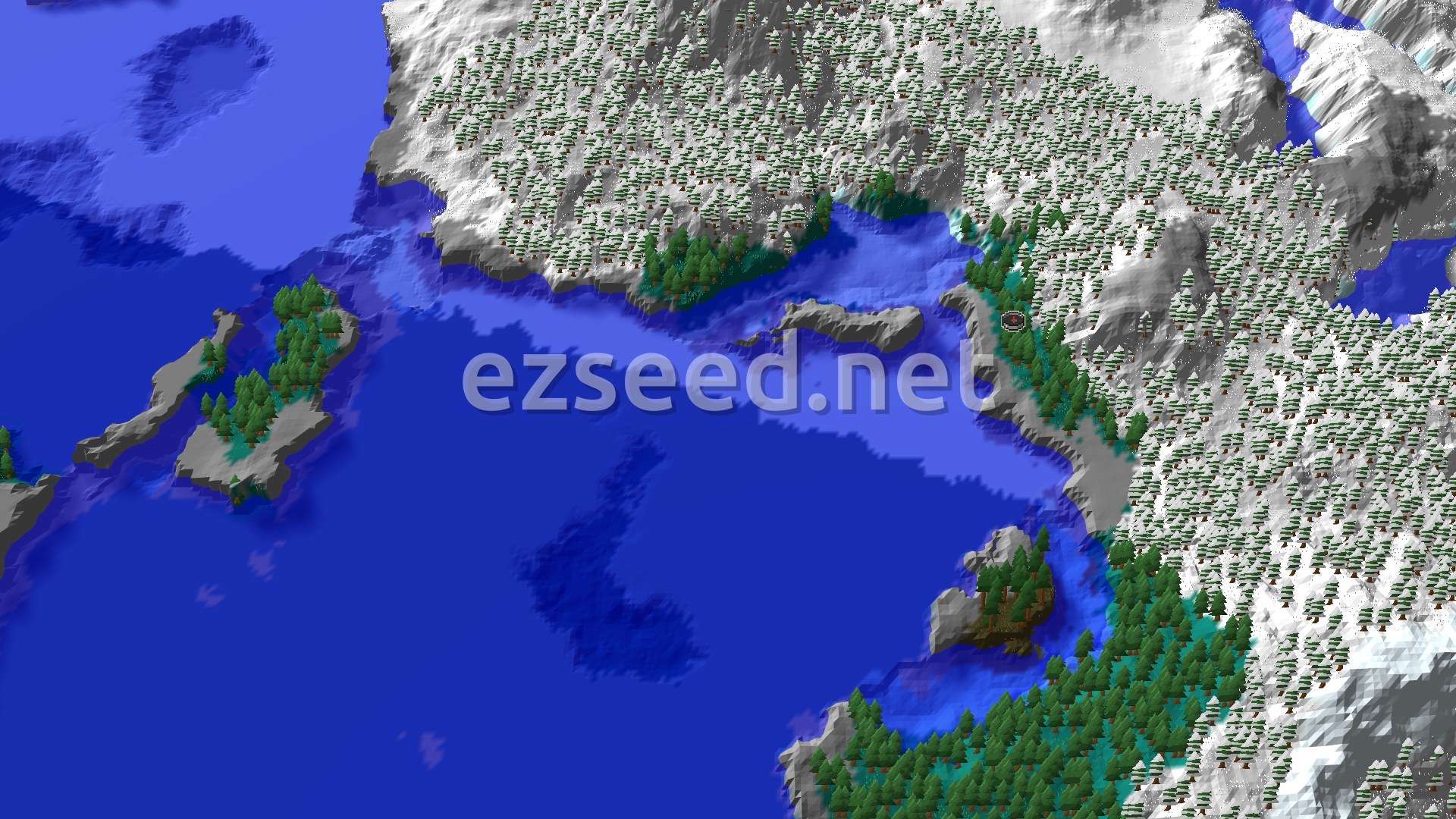 Aerial Minecraft seed map — Frozen Ocean and Taiga with Nearby Trial Chambers