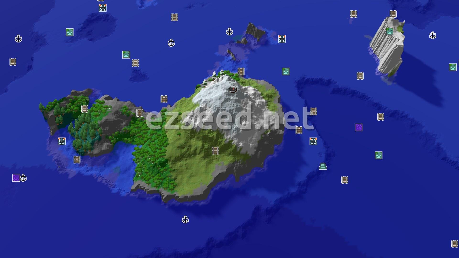 Aerial Minecraft seed map — Frozen Peaks Spawn with Nearby Ocean Adventures