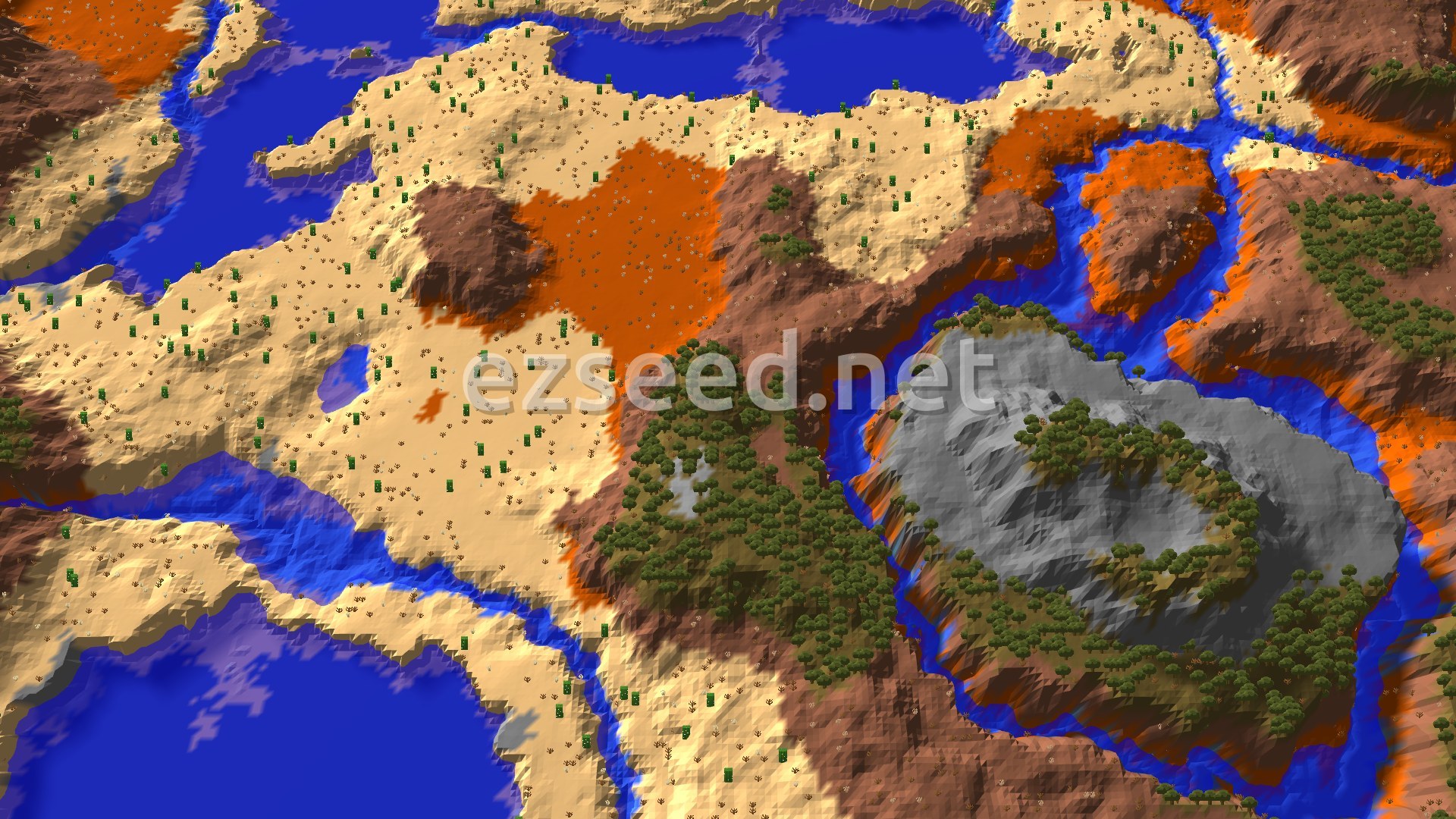 A 3D fly-over rendering of a Minecraft world, showing a sandy desert dotted with cacti, alongside orange-brown badlands and some gray, stony mountain terrain. Blue rivers and oceans weave through the landscape, with a spawn marker visible in the center.
