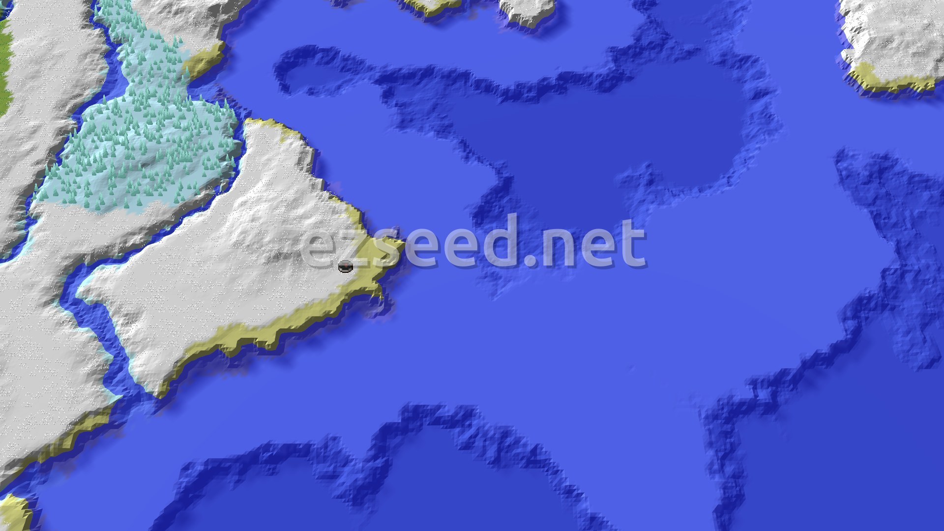 A 3D render showing a snowy, hilly landscape with some sparse trees bordering a large, deep blue ocean. A small marker indicates the spawn point near the coast.