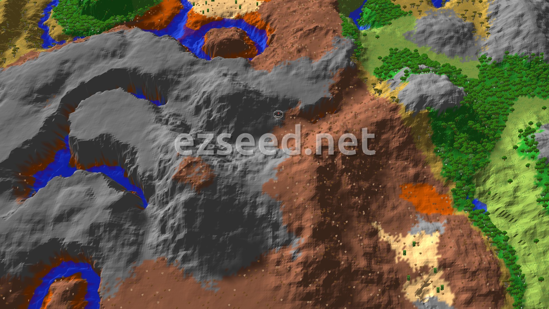 A 3D render of a Minecraft world showing a central spawn point in eroded badlands, surrounded by various biomes including brown badlands, green forests, and gray stony peaks, with blue rivers cutting through the landscape.