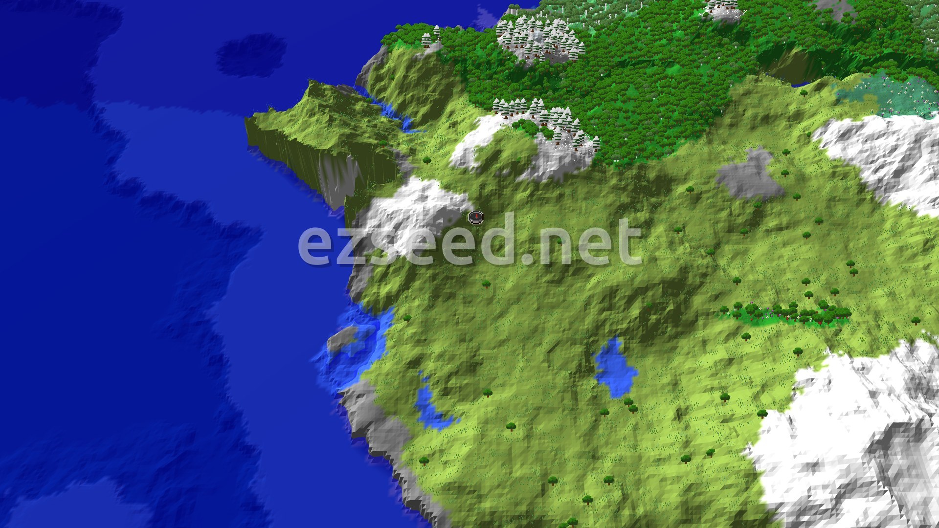 A bird's eye view of a Minecraft world showing green plains, a dark blue ocean, and snow-capped mountains. A small red spawn marker is near the center.
