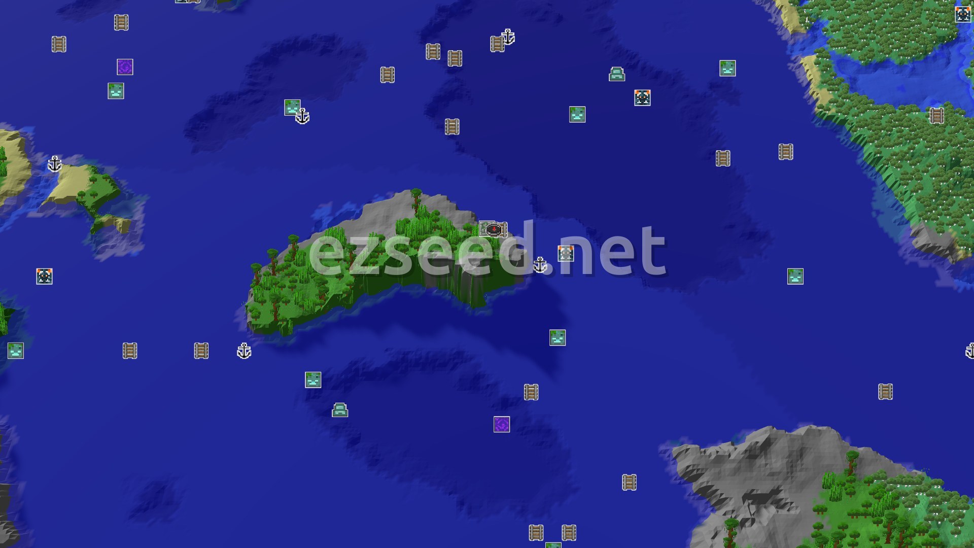 A small jungle island with steep cliffs surrounded by vast blue ocean, with other distant landmasses and scattered underwater features visible.