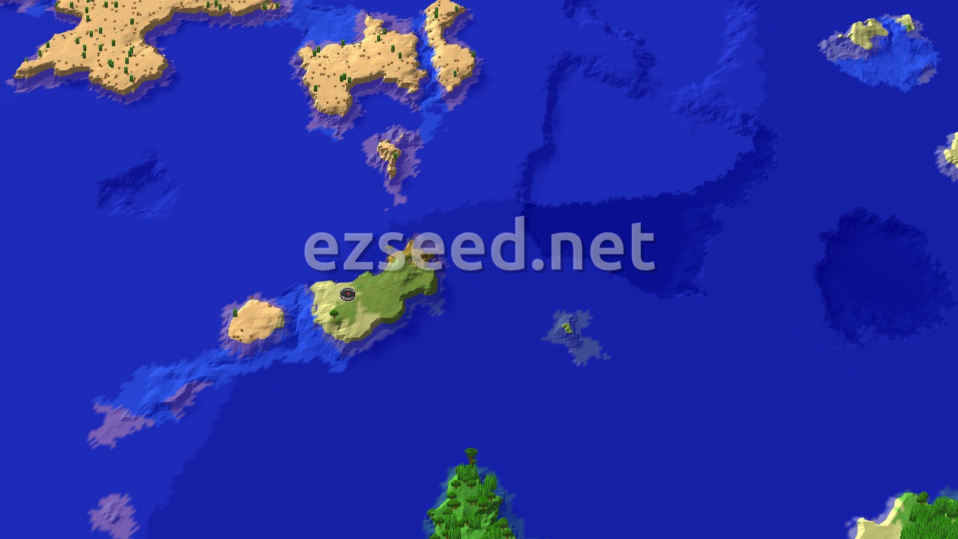 An aerial view of a green island with a small spawn marker, surrounded by vast blue oceans and several smaller sandy islands, with a distant lush jungle.