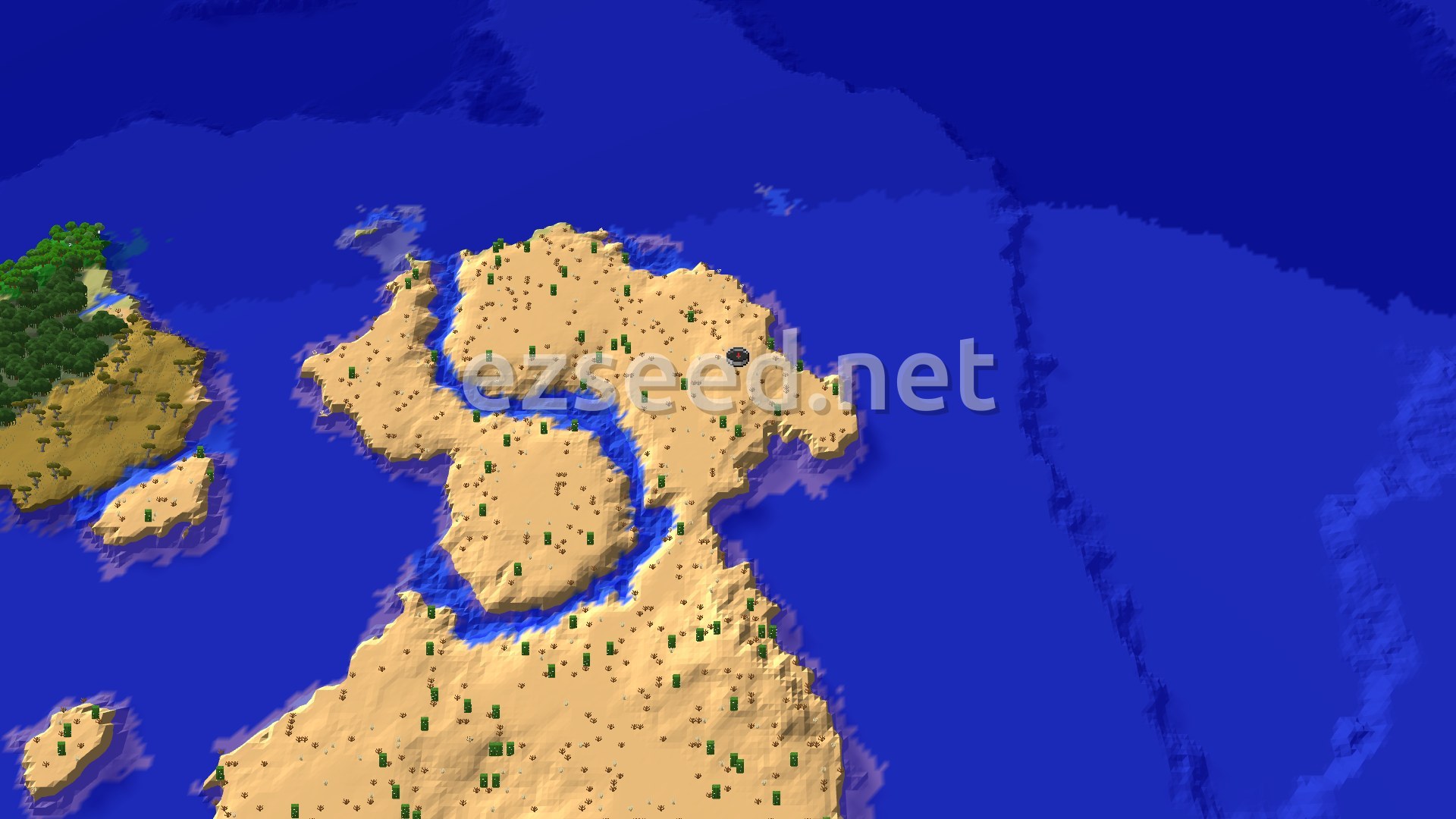 Aerial Minecraft seed map — Pillager Outpost Right at Spawn