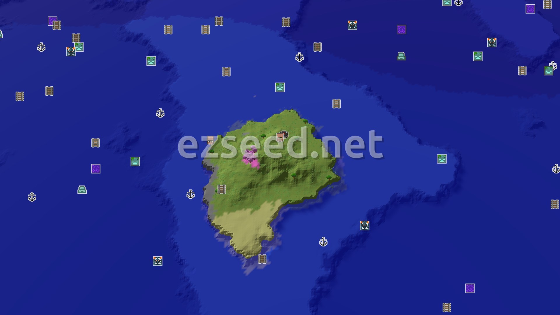 Aerial Minecraft seed map — Island Life with a Village and Cherry Grove