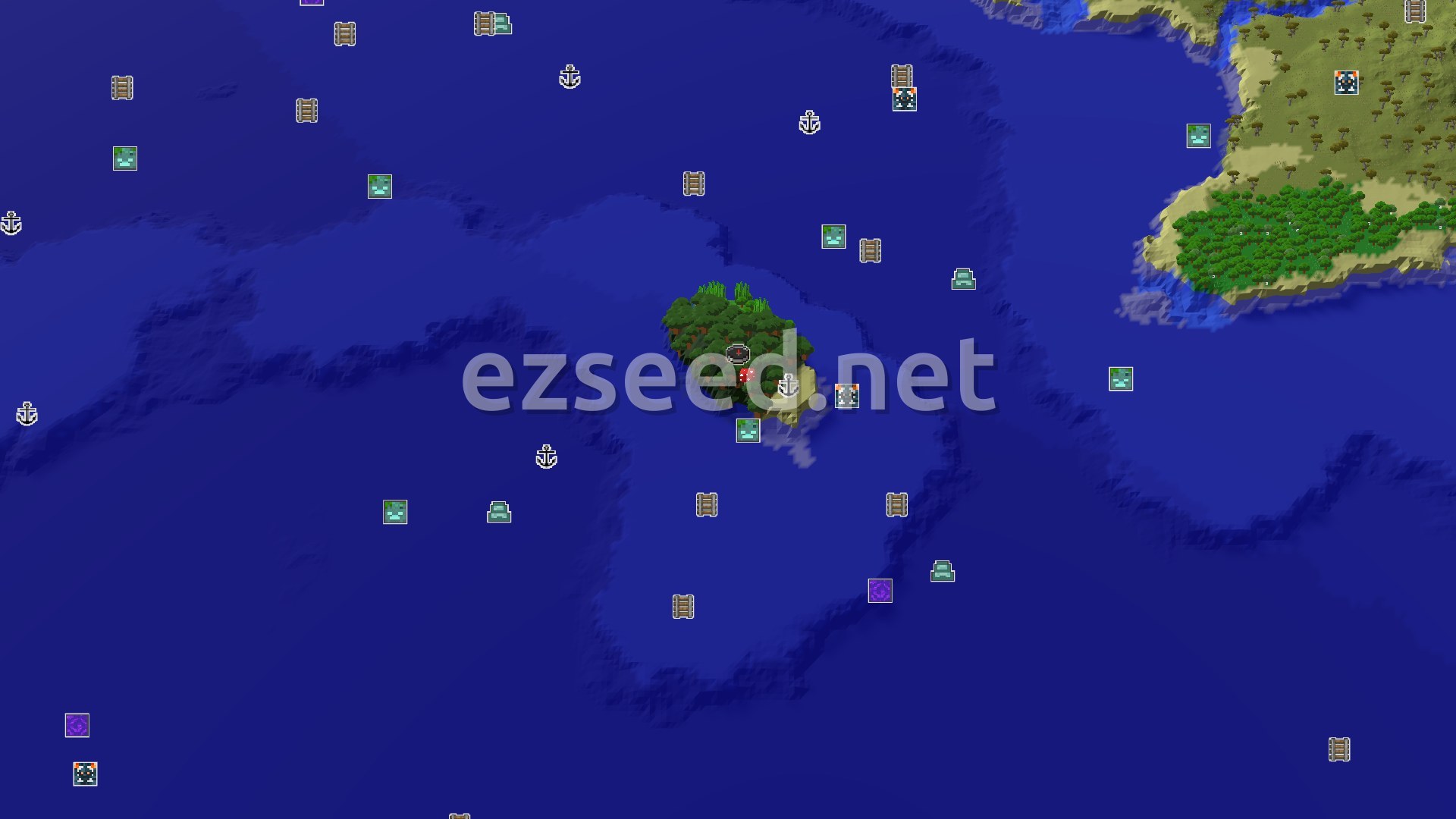 Aerial Minecraft seed map — Spawn on a Dark Forest Isle, Surrounded by Ocean