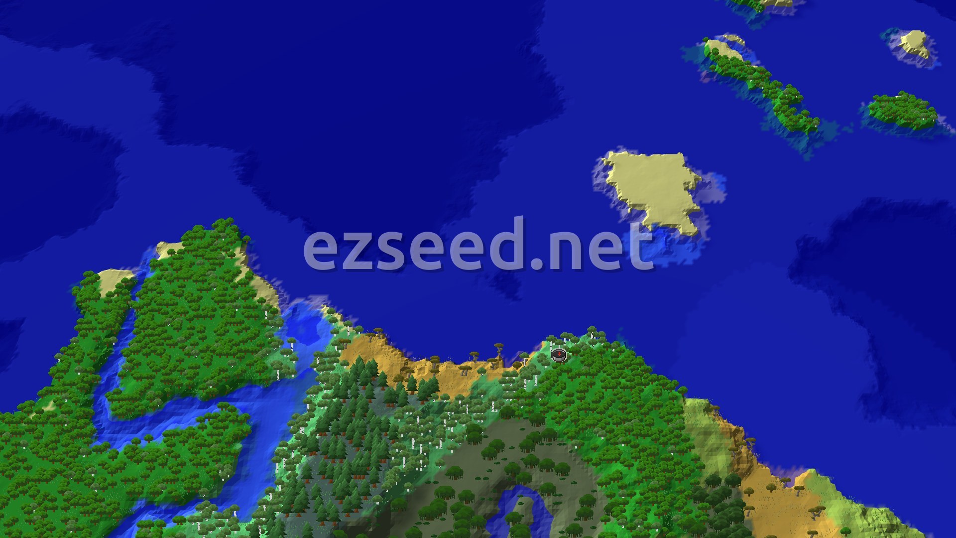 Aerial Minecraft seed map — Trial Chambers and Swamp Hut Near a Varied Coastal Spawn