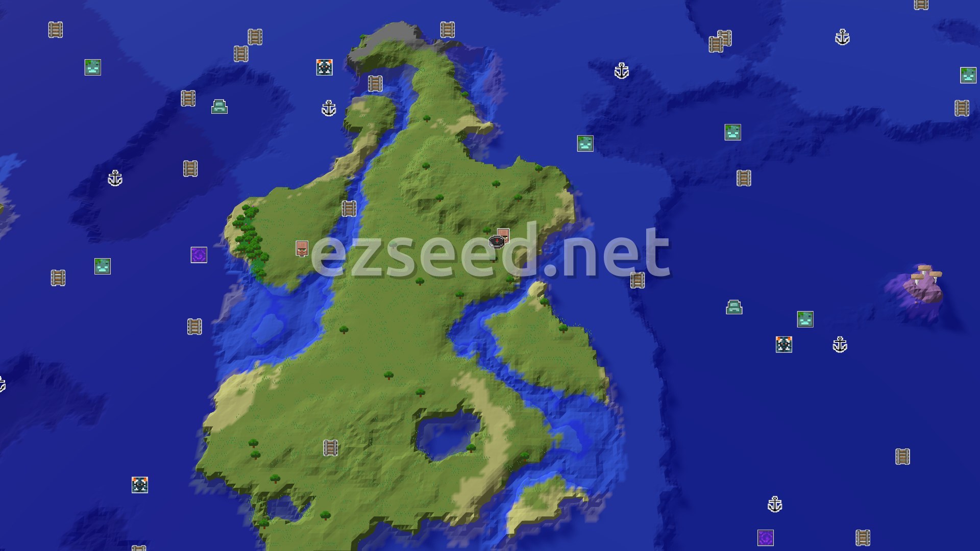 Aerial Minecraft seed map — Island Spawn with a Village and Mushroom Fields