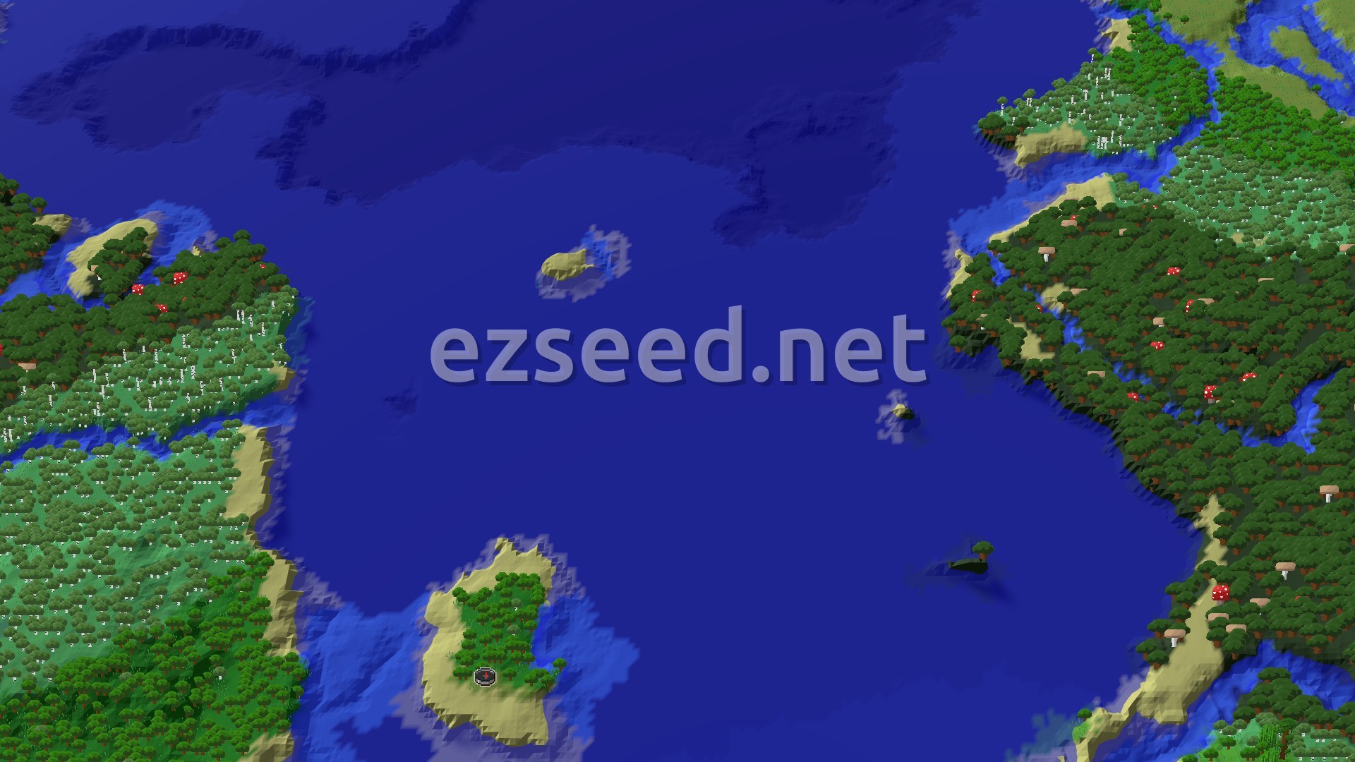 A 3D aerial view showing a verdant, hilly landscape with varied forests and beaches bordering a large blue ocean. A small marker indicates the spawn point on a plains biome near the coast.