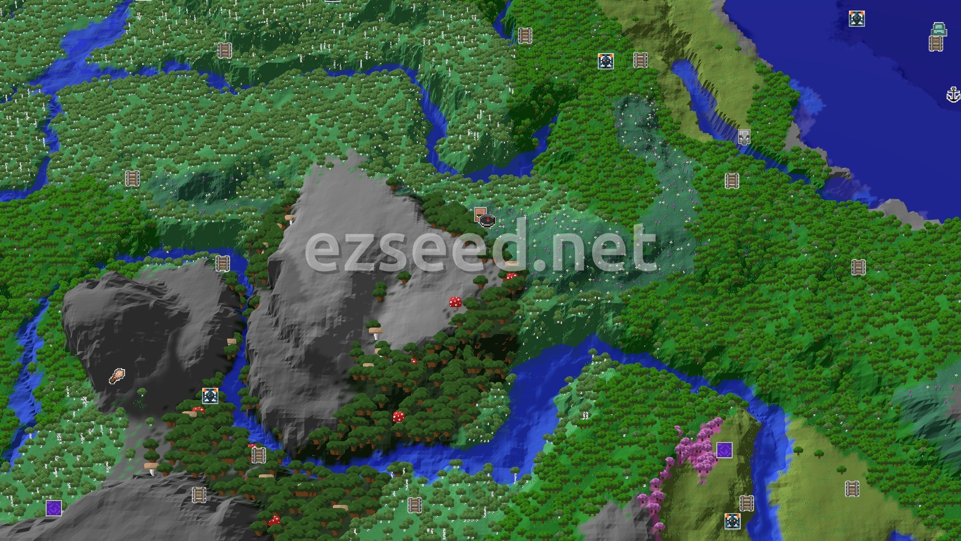 Aerial Minecraft seed map — Spawn in a Meadow, Village Just 11 Blocks Away