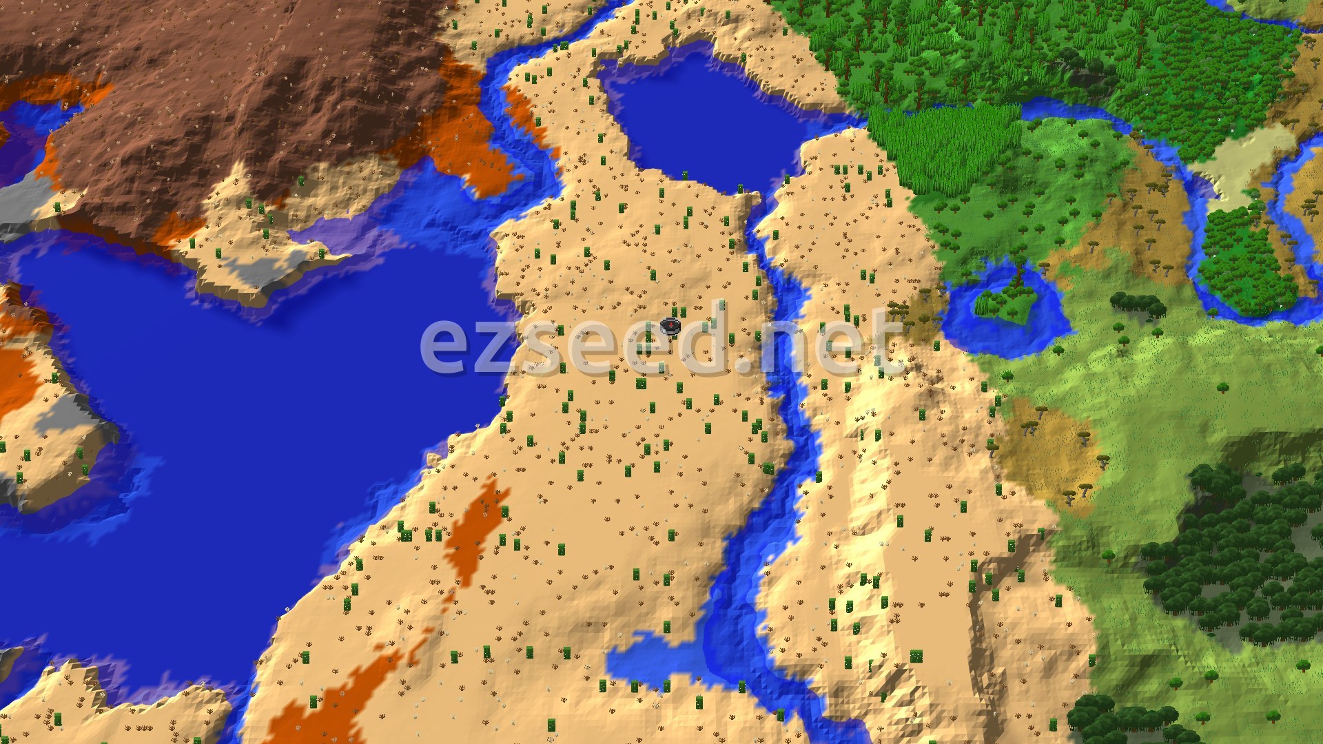 An aerial view of a desert landscape featuring sand, scattered cacti, a winding river, and a large body of water. To the west, badlands rise, and to the east, various green biomes like savannas and jungles appear.