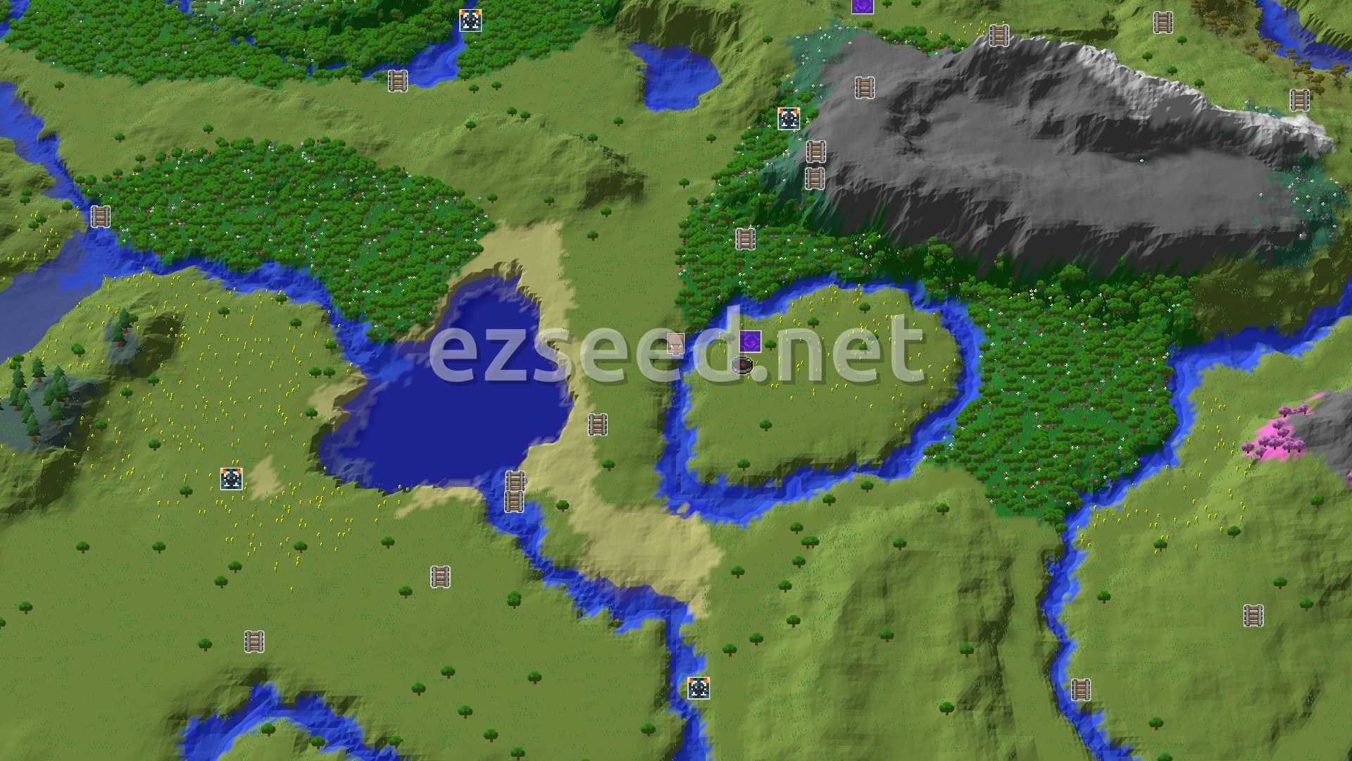 Aerial Minecraft seed map — A Modest Start With Nearby Ruins and Distant Peaks