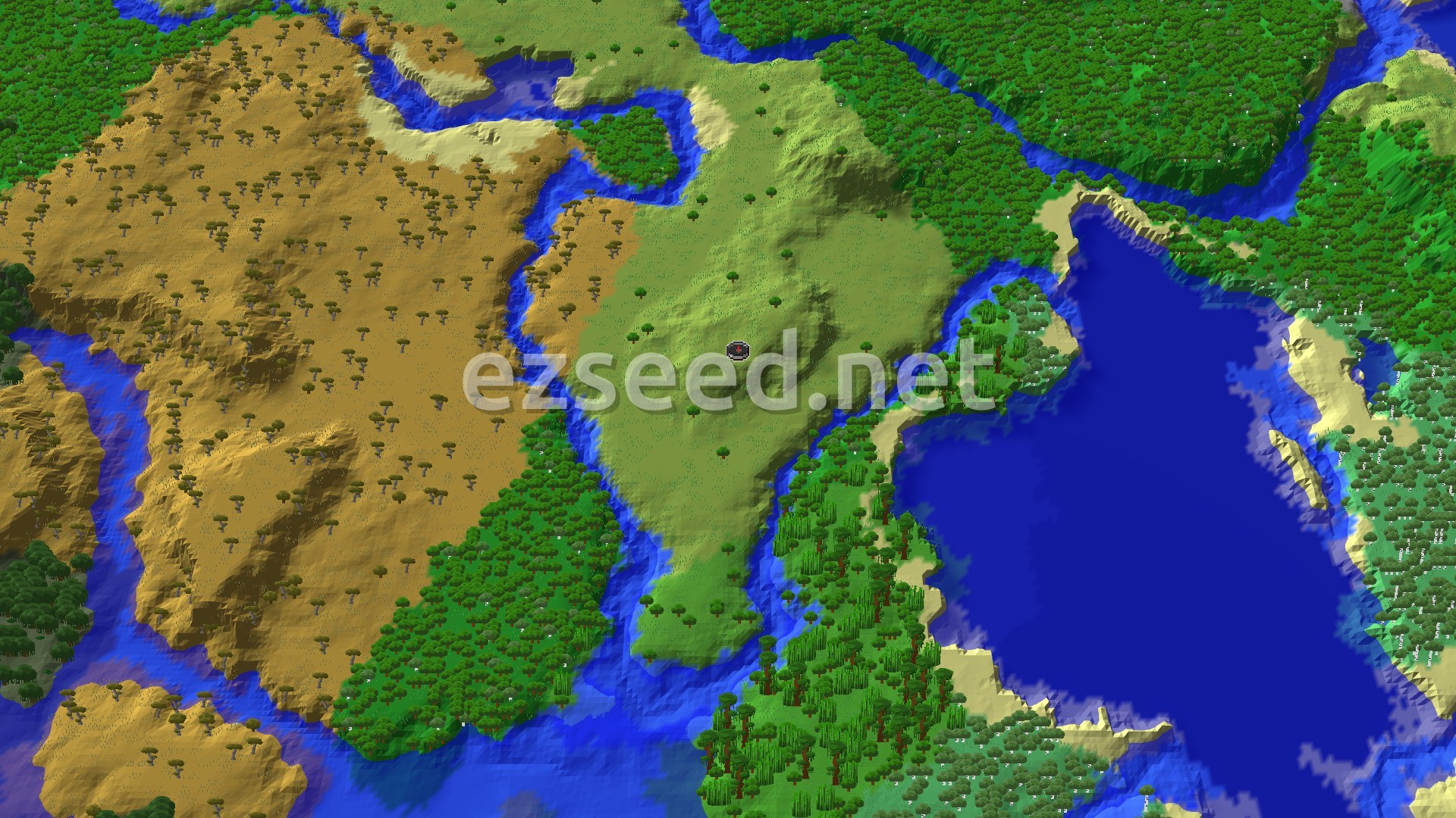 Aerial Minecraft seed map — Village with Woodland Mansion Nearby