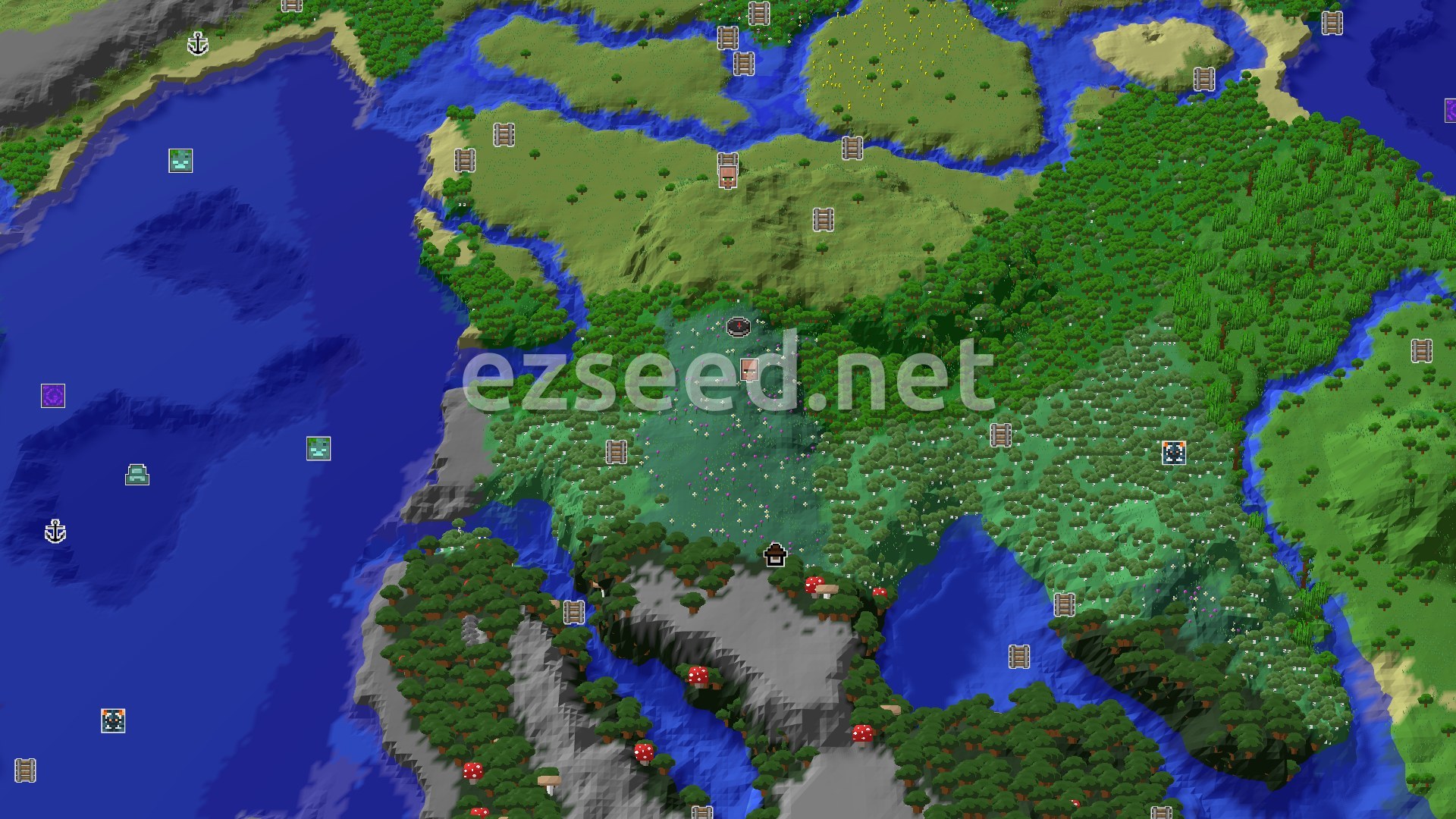 Aerial Minecraft seed map — A Woodland Mansion and Village near a Calm Meadow Spawn