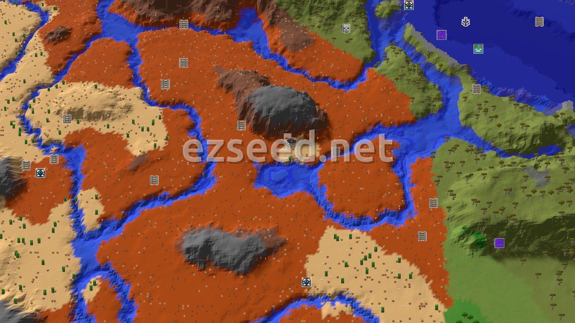 Aerial Minecraft seed map — Spawn in a Desert Village with Badlands Nearby