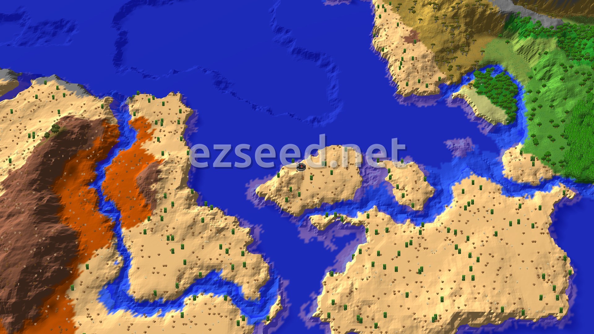 Aerial Minecraft seed map — Desert and Ocean Isles with Badlands Nearby