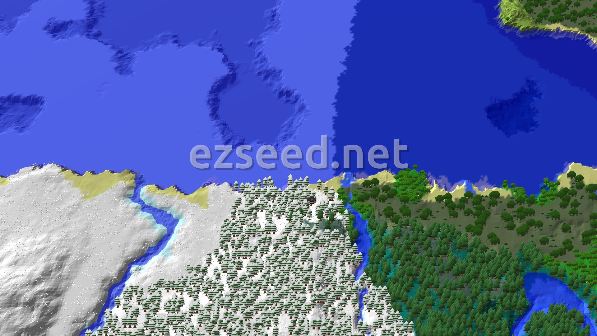 Aerial Minecraft seed map — Spawn in Snow, Find a Swamp Hut Close By