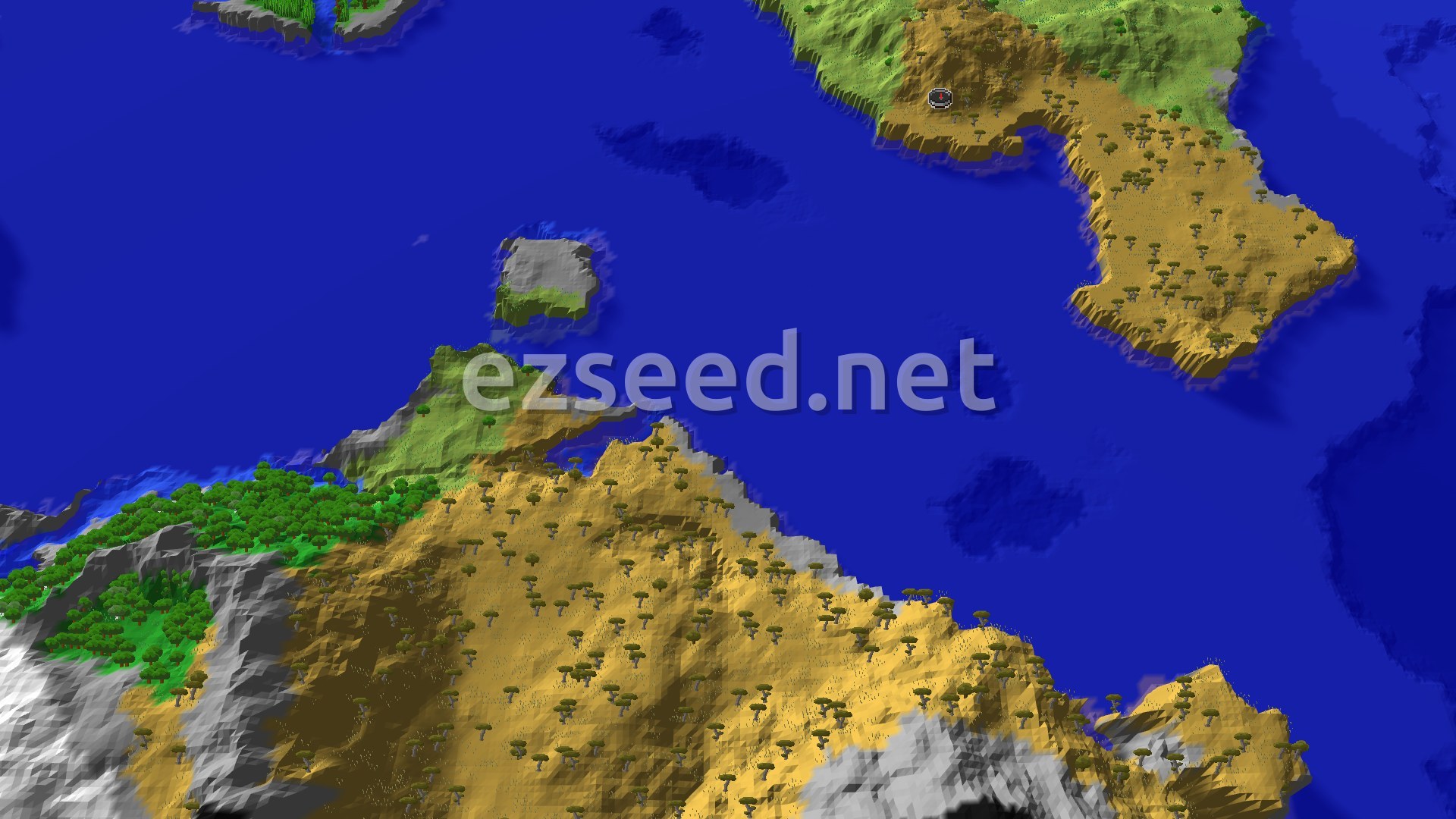 Aerial Minecraft seed map — Savanna Spawn with a Nearby Ancient City