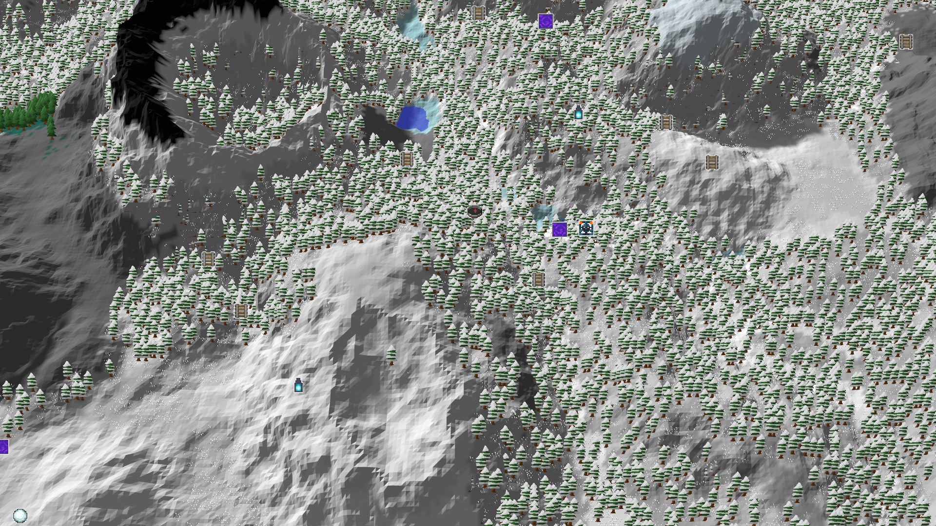 Aerial Minecraft seed map — Spawn in a Grove, With Jagged Peaks and Trials Nearby