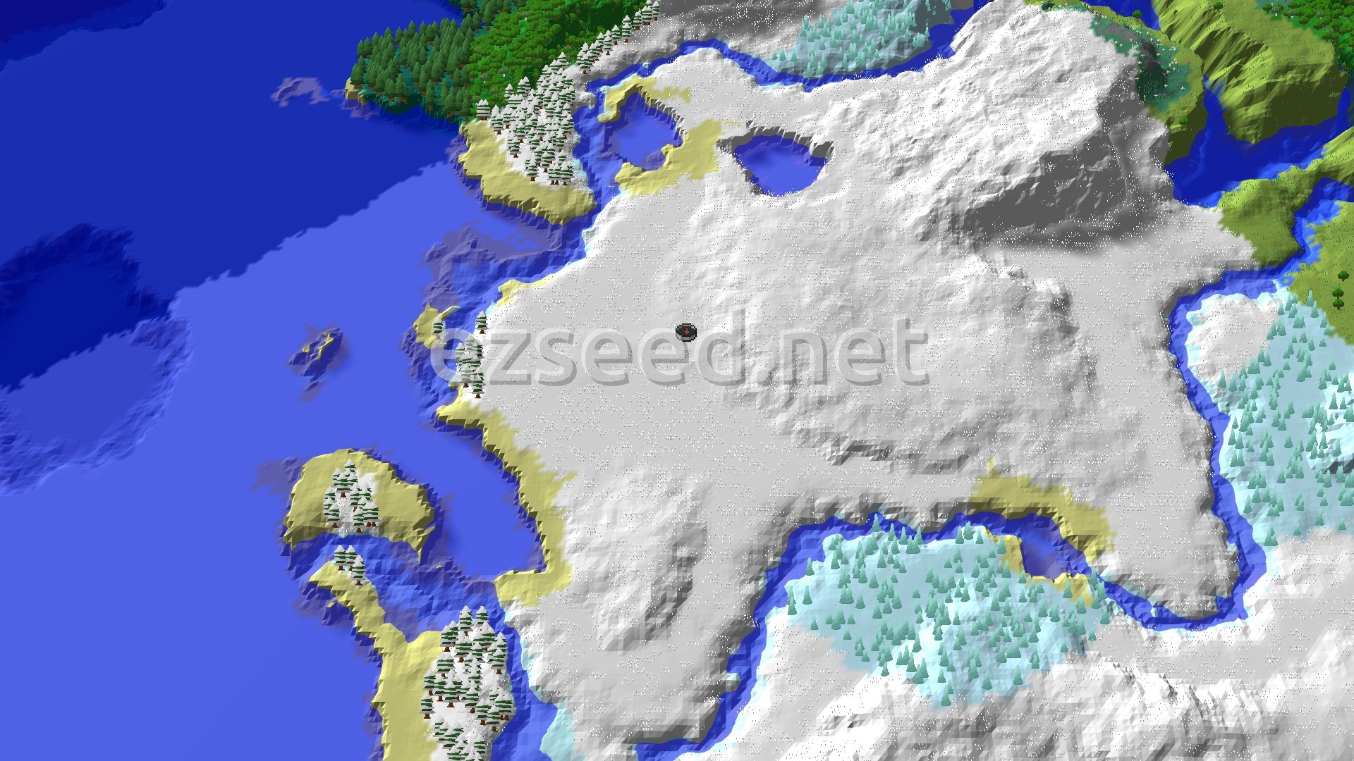 An aerial view of a snowy landscape with a prominent white ice spikes biome, surrounded by snowy plains, frozen rivers, and cold oceans. A small marker indicates the spawn point in the snowy plains.