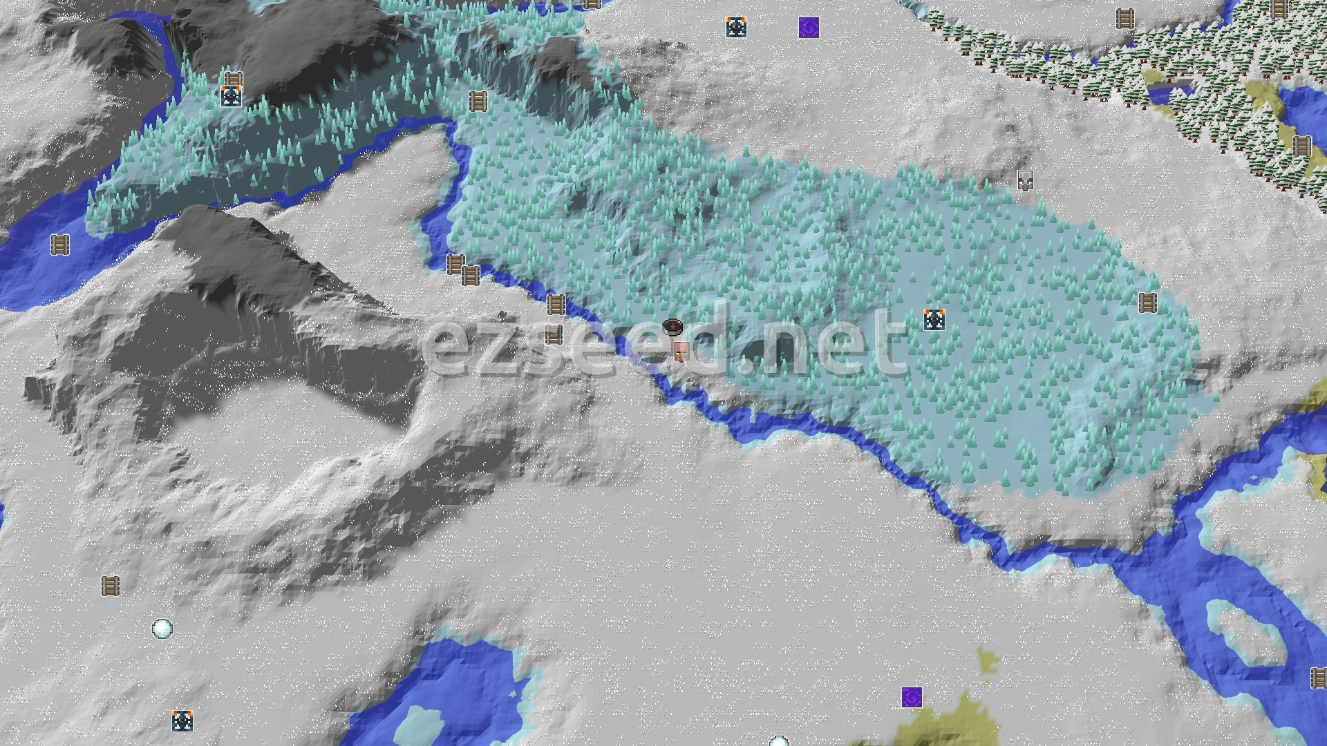 Aerial Minecraft seed map — Village and Ice Spikes Near a Snowy Plains Spawn