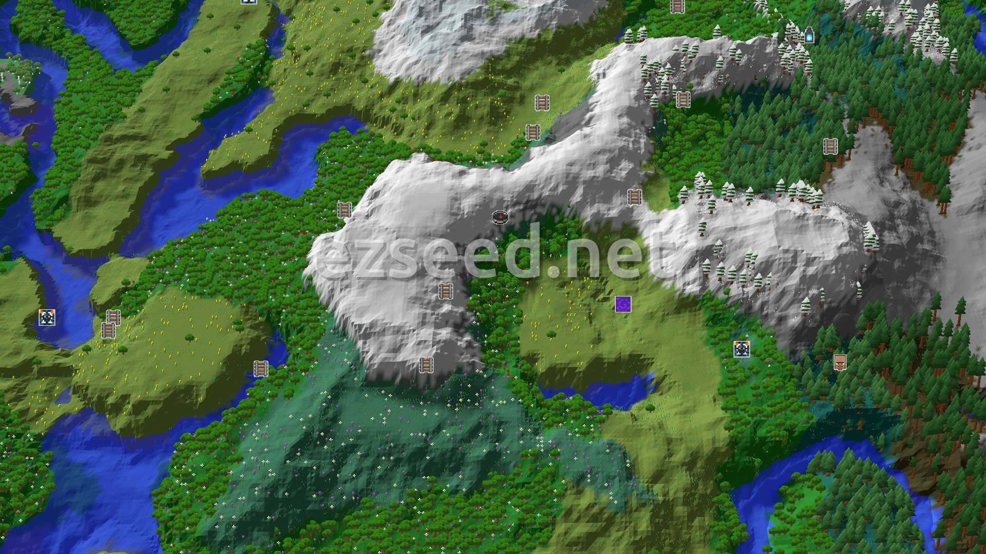 Aerial Minecraft seed map — Spawn in Snowy Slopes with Nearby Meadows and Peaks