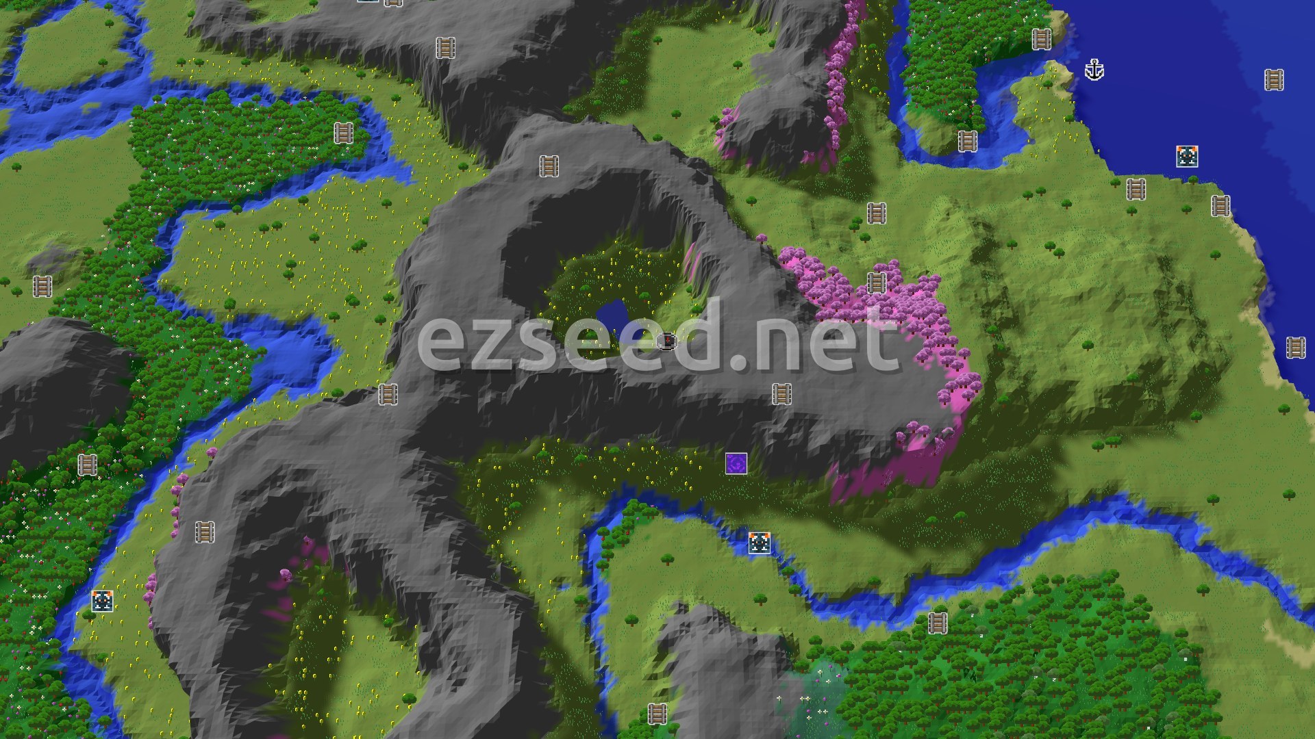 Aerial Minecraft seed map — Cherry Grove Mountainside with Nearby Trial Chambers