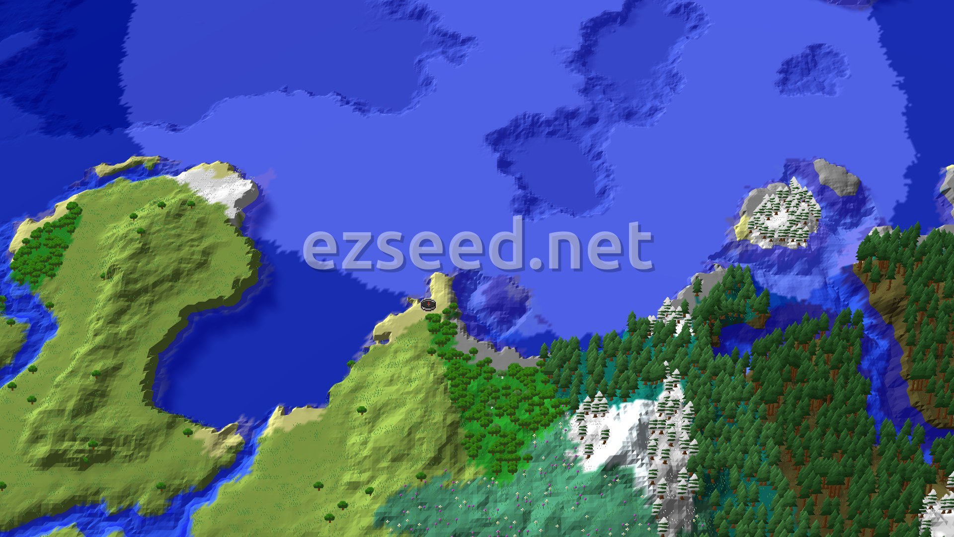 An aerial view of a snowy landscape meeting a vast blue ocean. A small spawn marker sits on a sandy beach amidst green hills and forests.