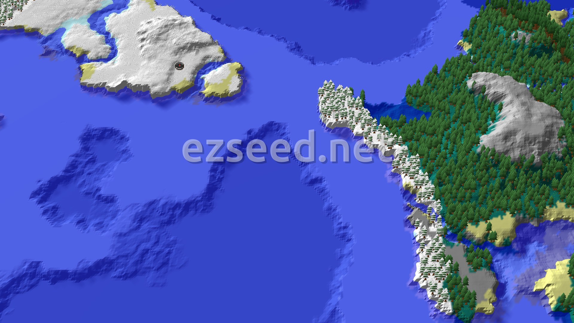 Aerial Minecraft seed map — Snowy Plains Spawn with Nearby Village and Igloo