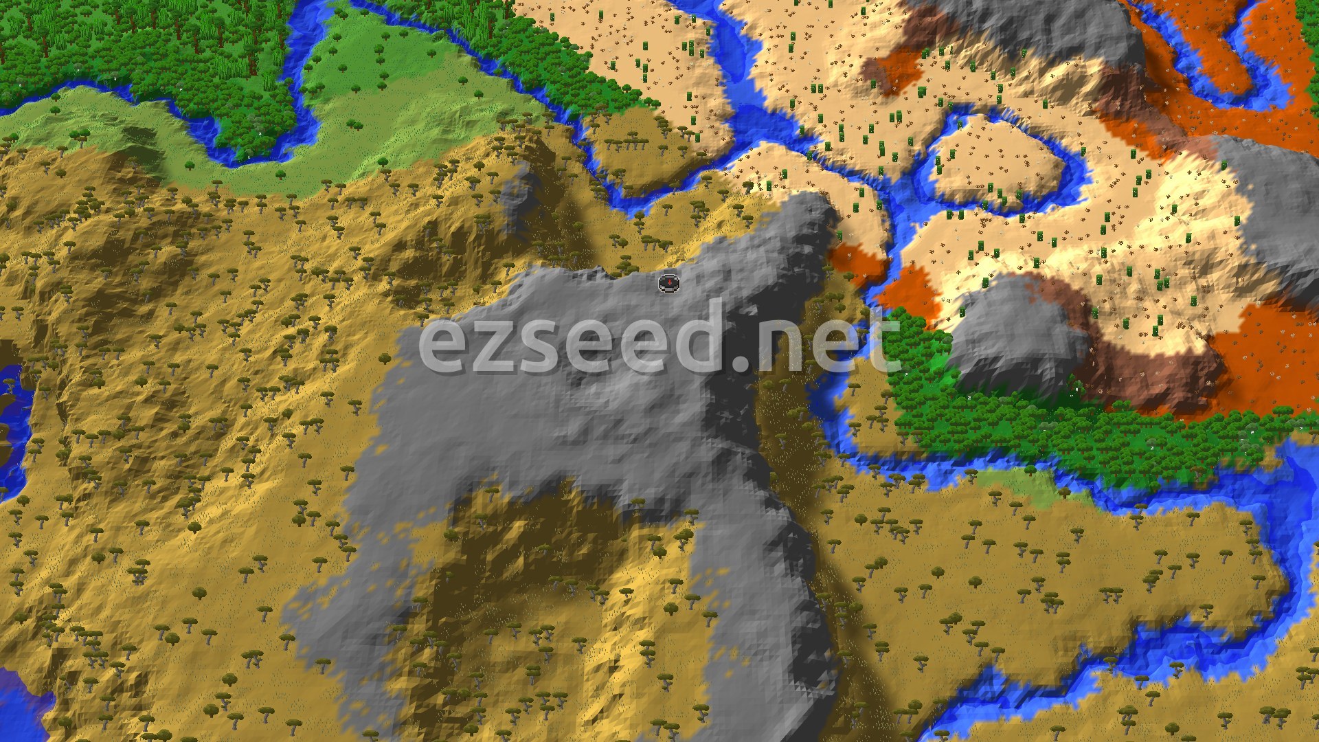 A 3D fly-over view of a Minecraft landscape, showing a prominent gray mountain peak near the center, surrounded by golden-hued savanna plateau and a river winding through. Patches of green forest, sandy desert, and red badlands biomes are also visible in the distance.