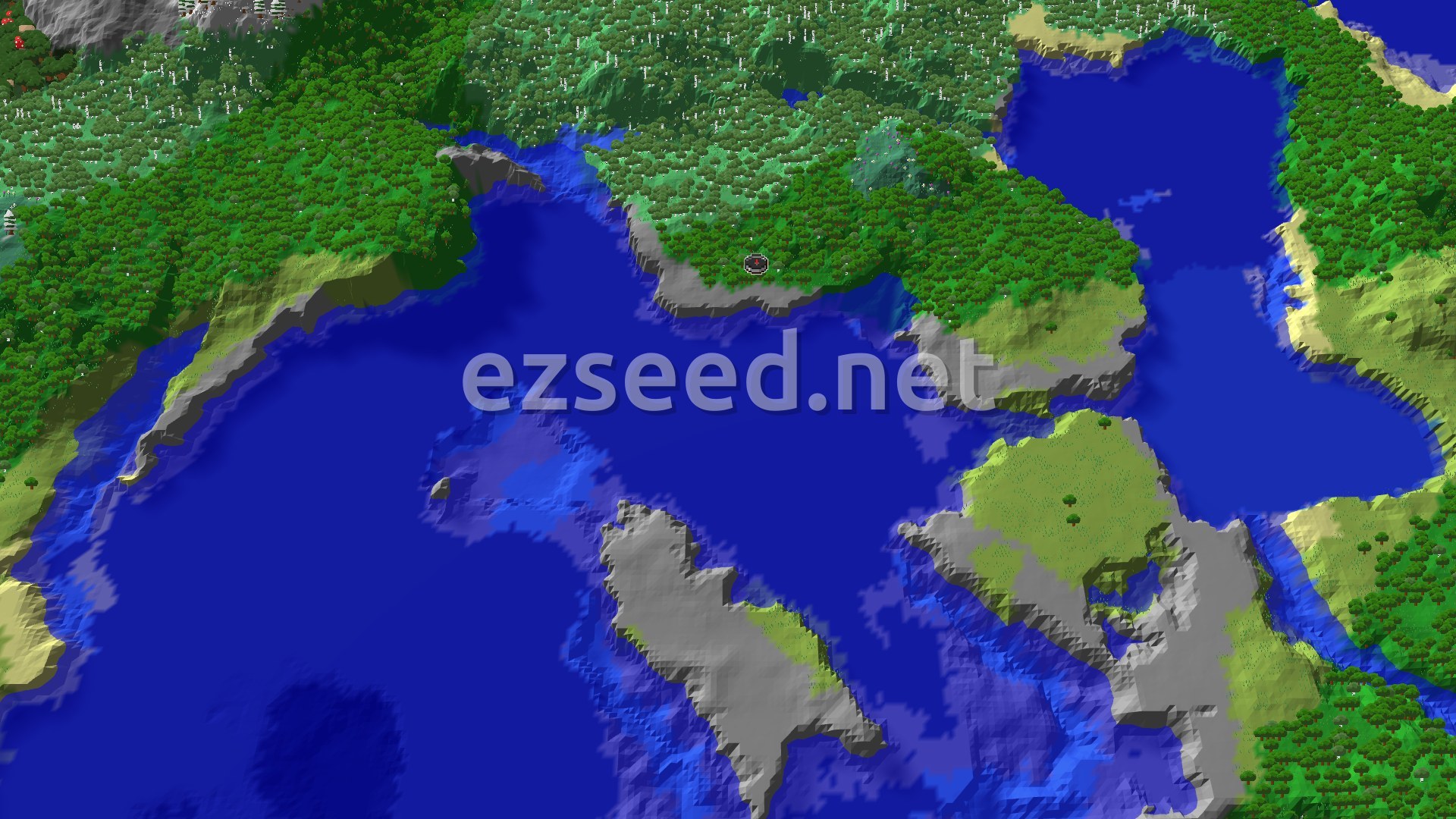 Aerial Minecraft seed map — Forest Spawn with Nearby Mansion and Stronghold