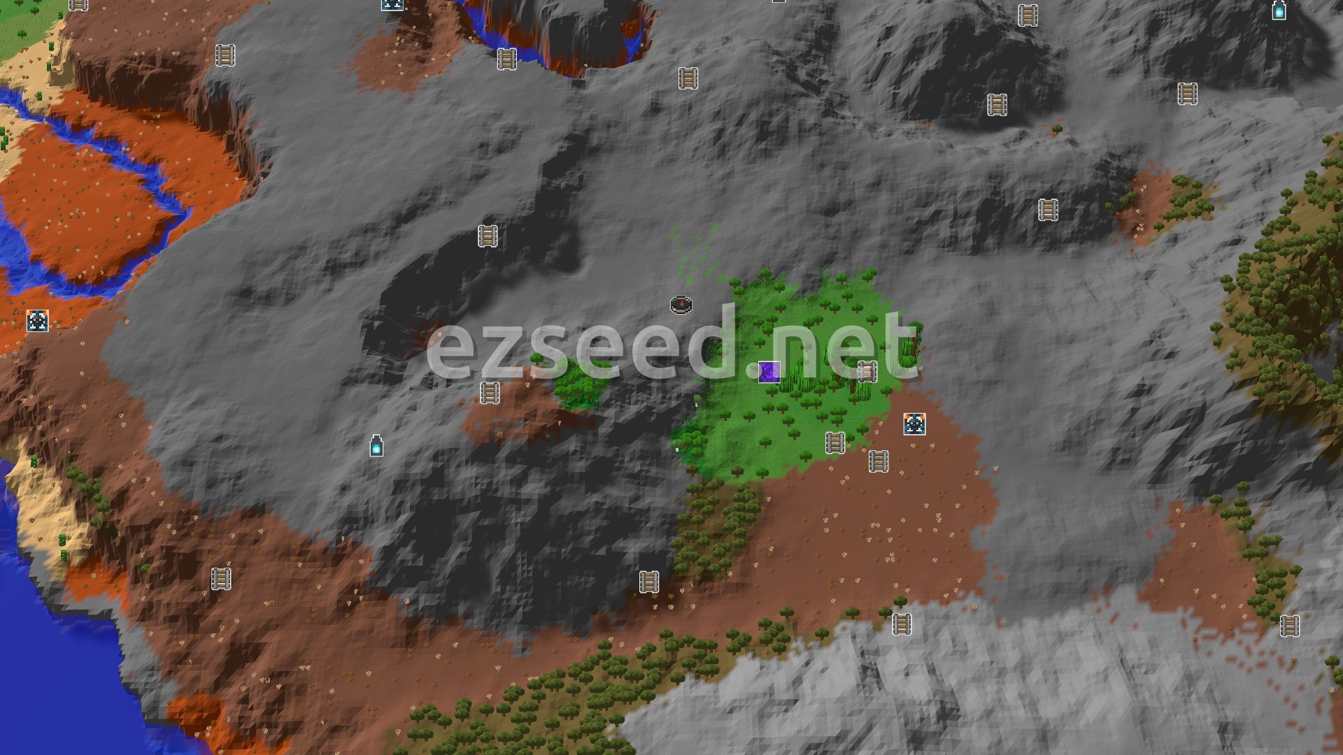 Aerial Minecraft seed map — Spawn in a Plains, Explore Extensive Badlands