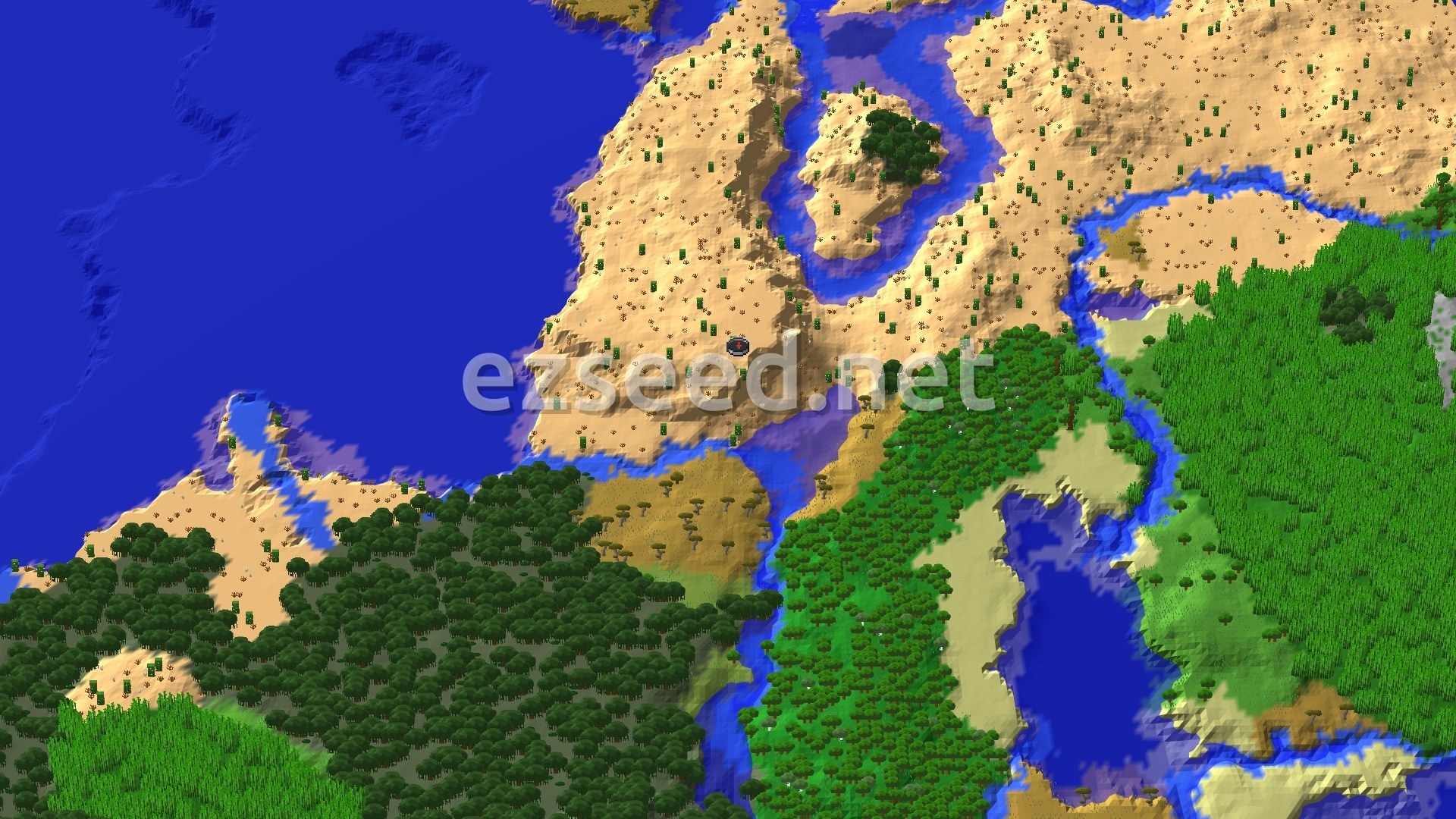 An aerial view shows a desert peninsula with sparse cacti, bordered by a large blue ocean and winding rivers. To the south, lush green forests and savannas appear.