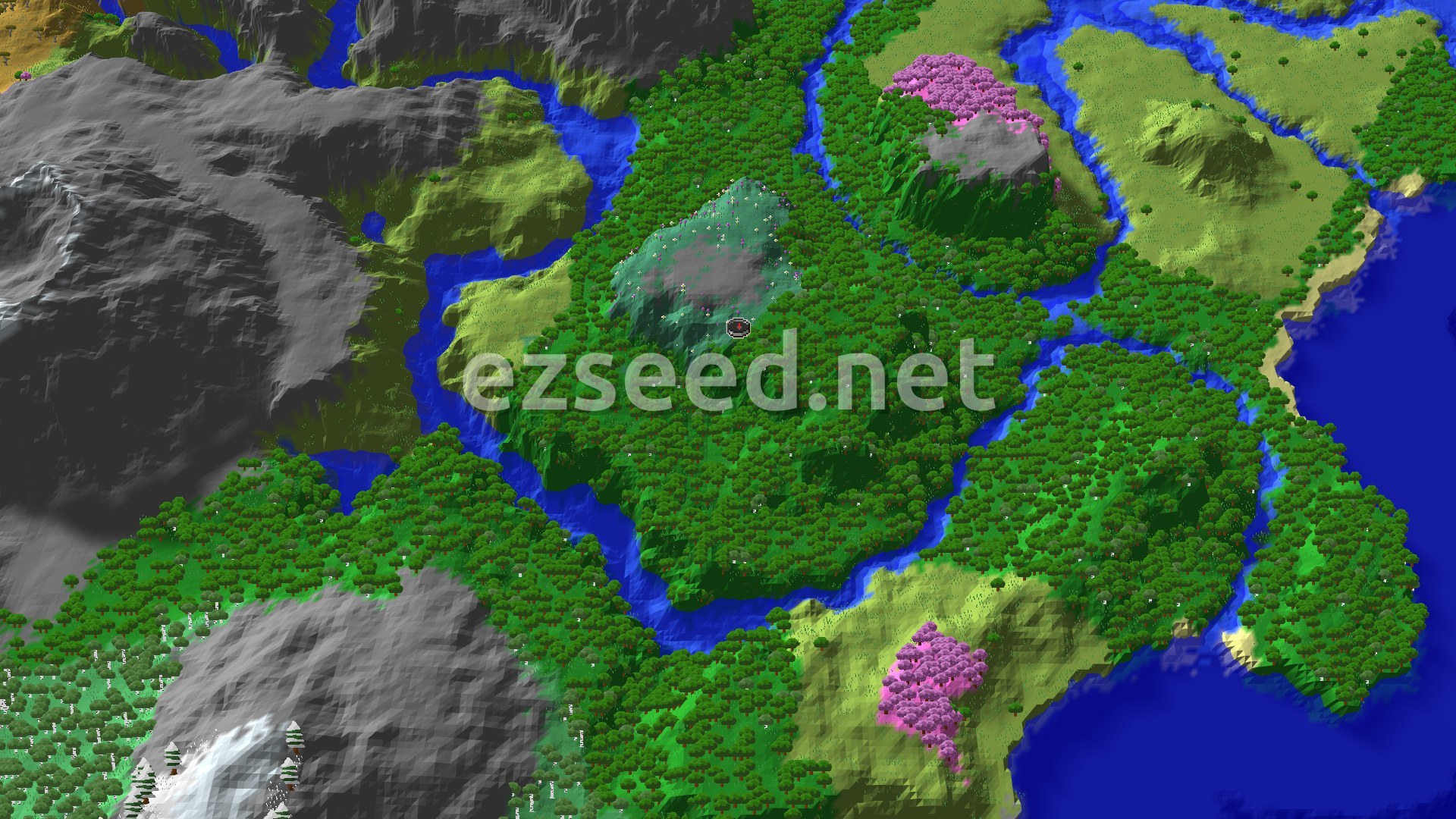 An overhead 3D view of a Minecraft world, showing a large forest with winding rivers, some open plains, and a small patch of pink-leaved cherry grove trees. Mountains rise in the distance.