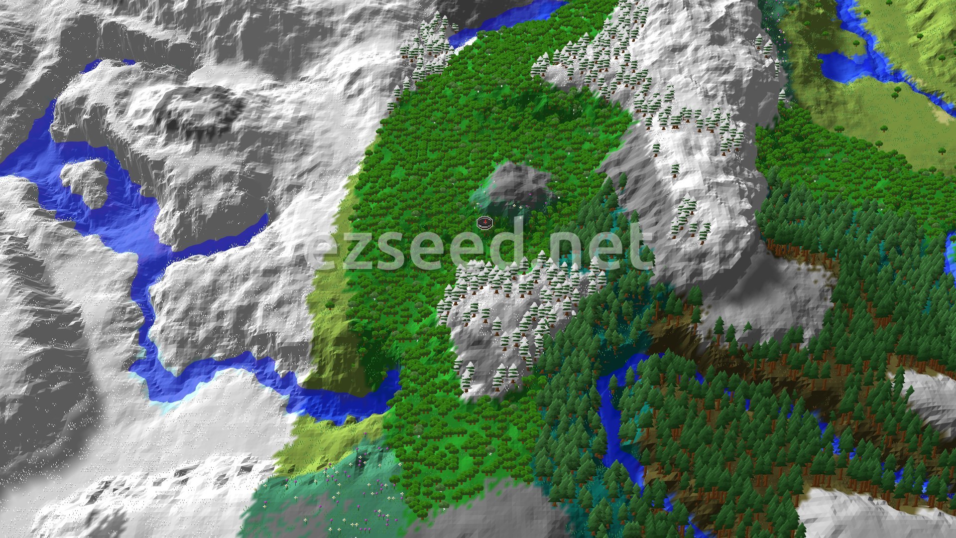Aerial Minecraft seed map — Trial Chambers and Lush Caves Near Snowy Peaks