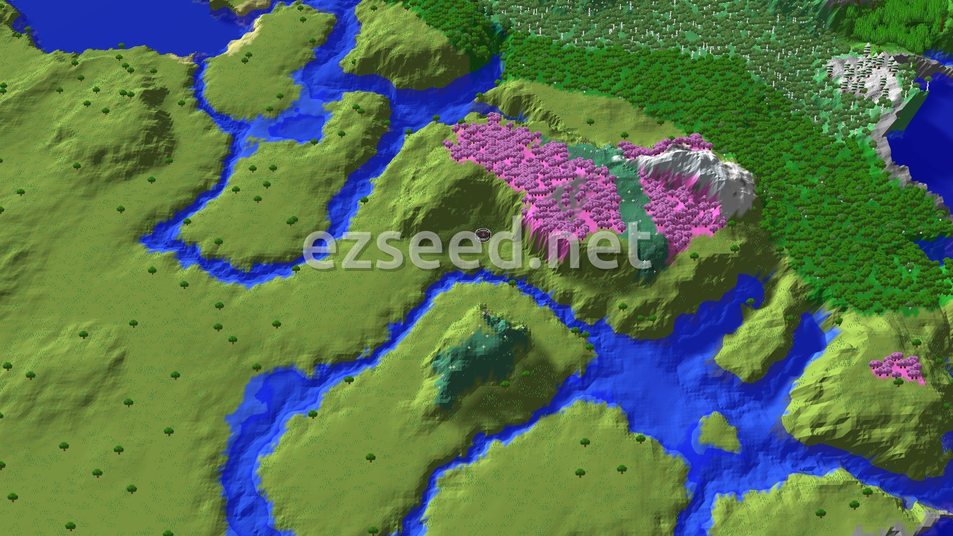 Aerial Minecraft seed map — Spawn in Plains with a Village and Cherry Grove Nearby
